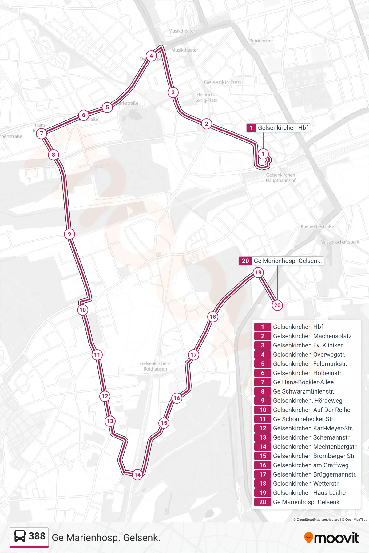 Linie 388 (Bus) Richtung Ge Marienhosp. Gelsenk.: Route und Haltestellen auf der Karte