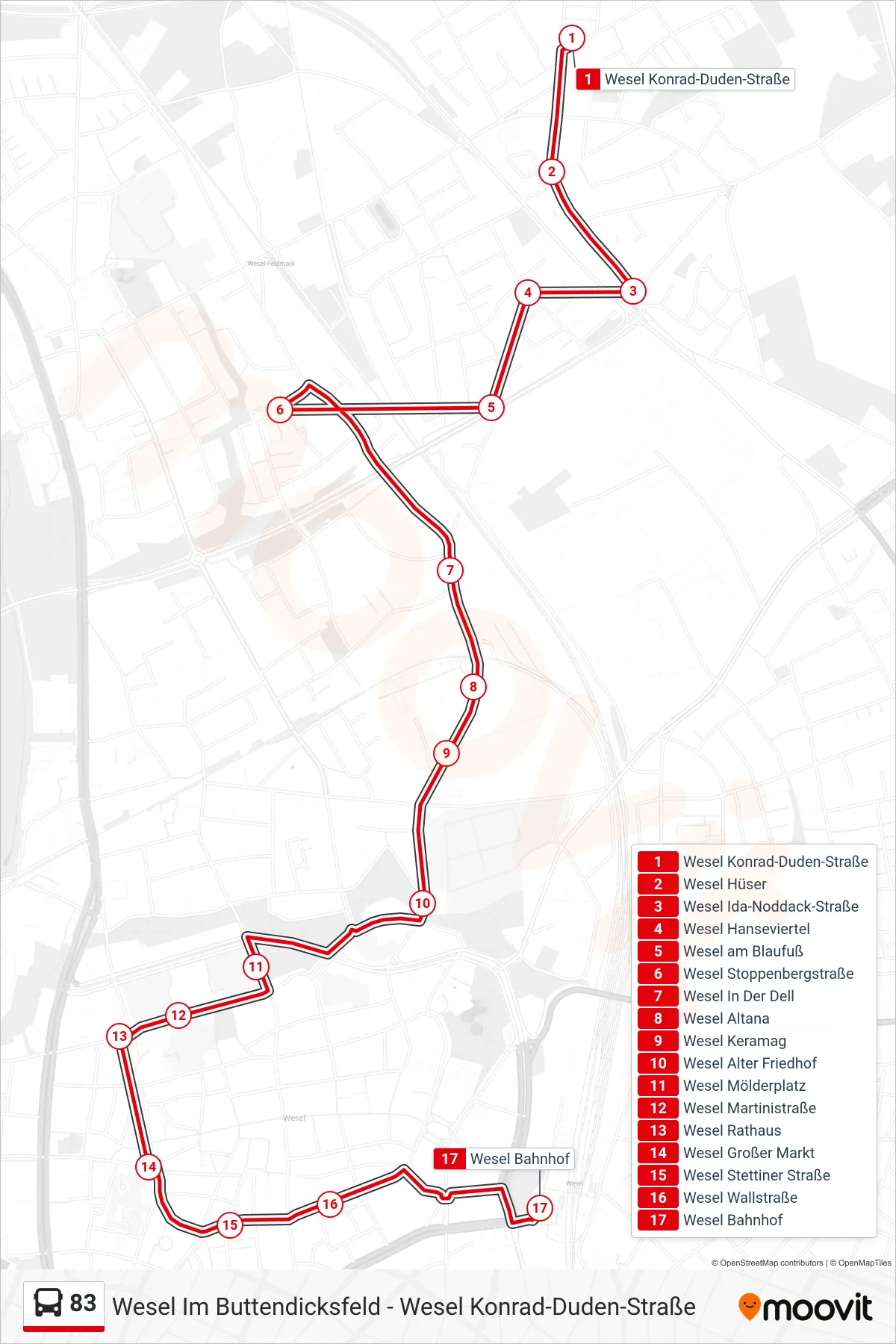 83 bus Line (Wesel Bahnhof) route and stops on a map
