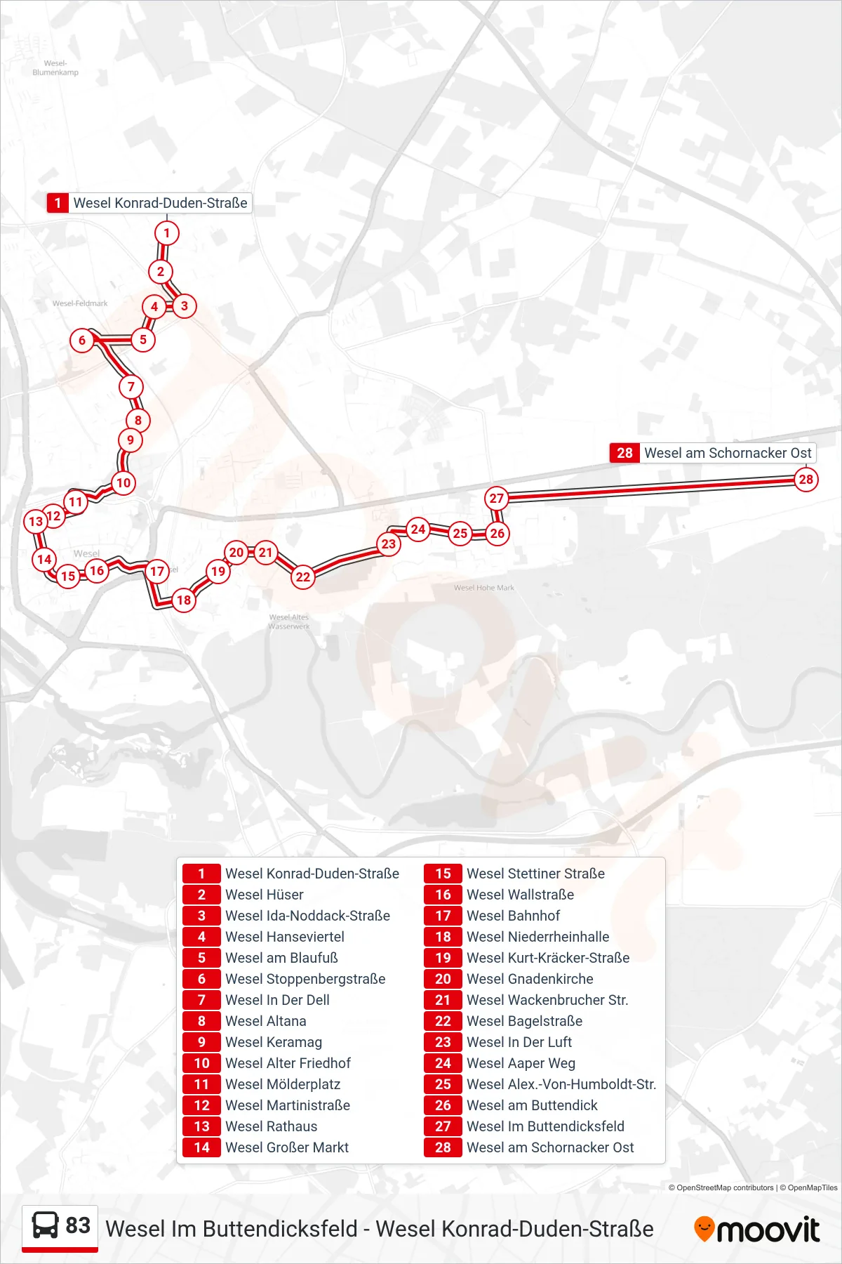 Linie 83 (Bus) Richtung Wesel am Schornacker Ost: Route und Haltestellen auf der Karte