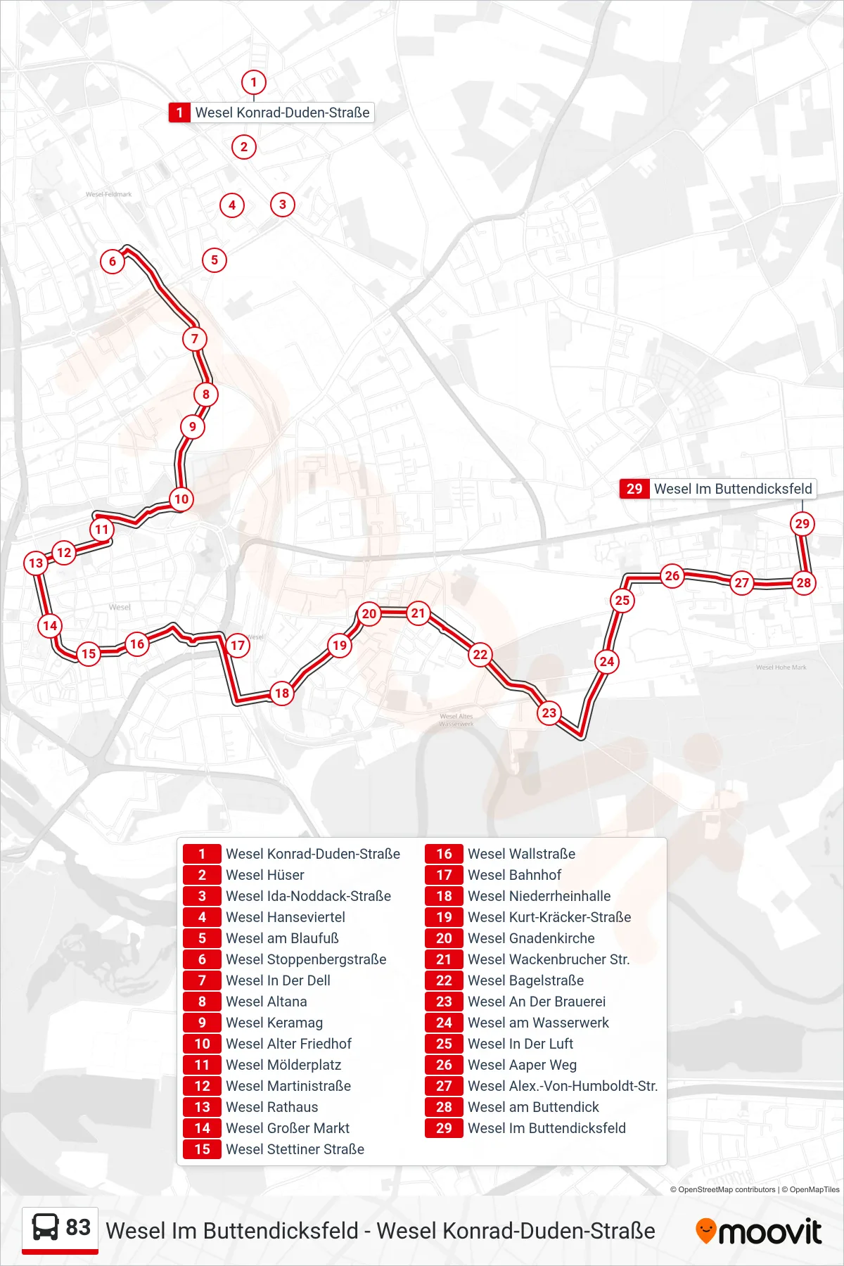 Linie 83 (Bus) Richtung Wesel Im Buttendicksfeld: Route und Haltestellen auf der Karte