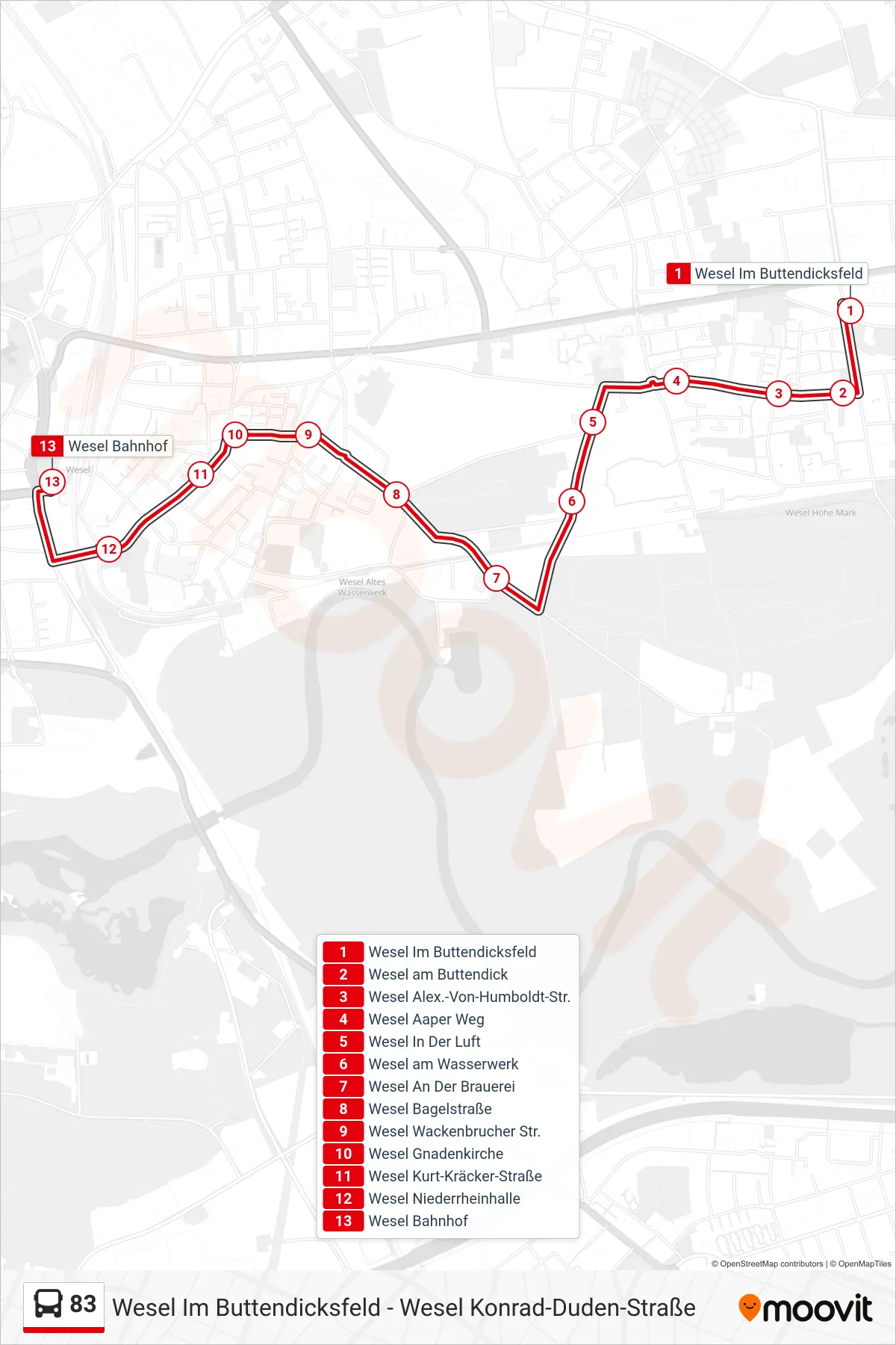 83 bus Line (Wesel Bahnhof) route and stops on a map