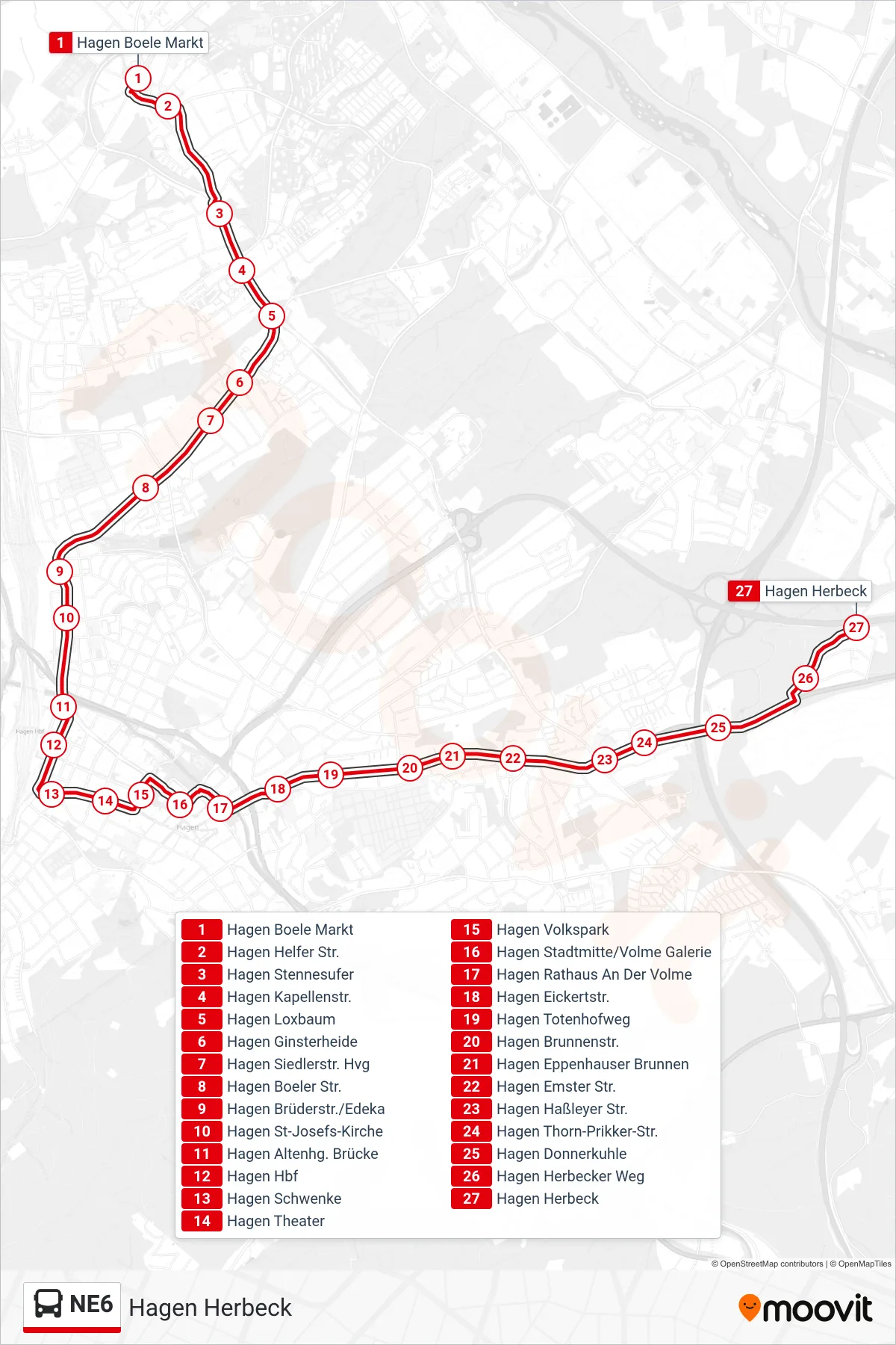 Linie NE6 (Bus) Richtung Hagen Herbeck: Route und Haltestellen auf der Karte