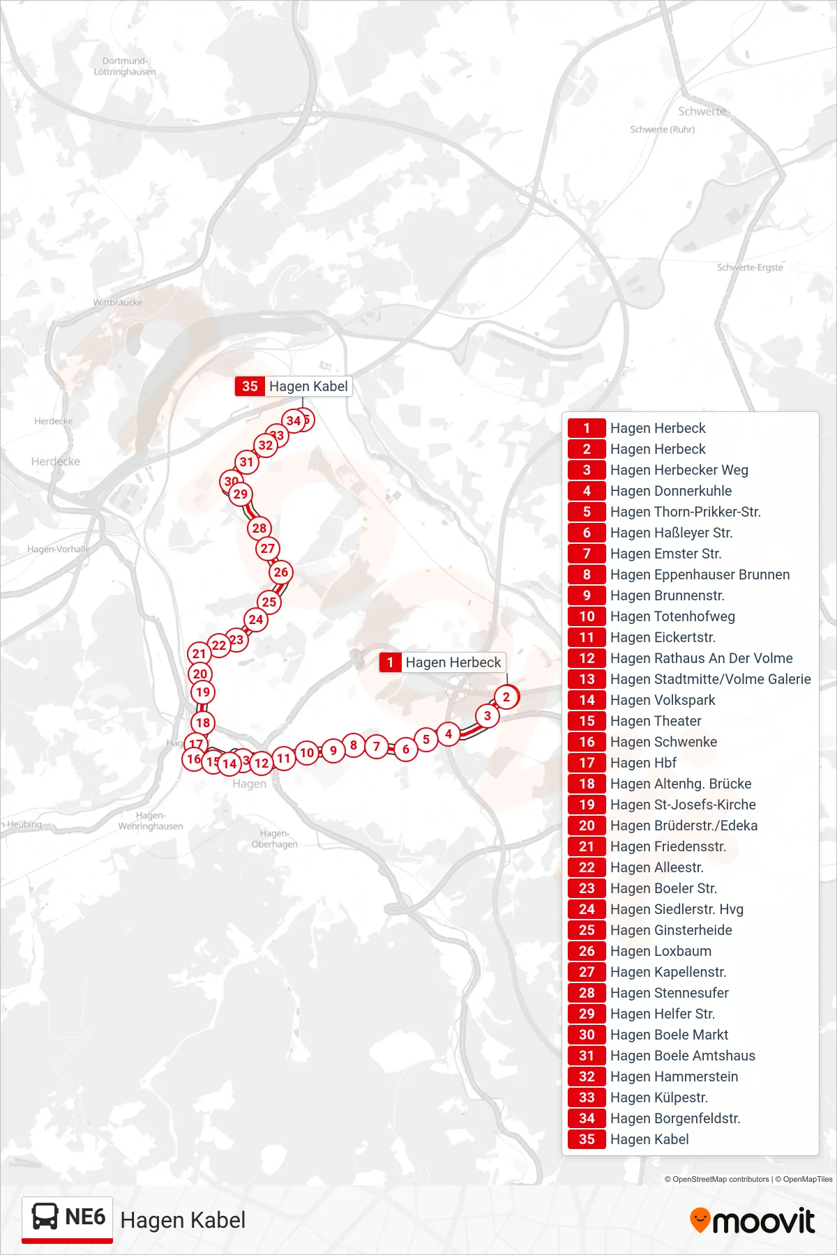 NE6 bus Line (Hagen Kabel) route and stops on a map