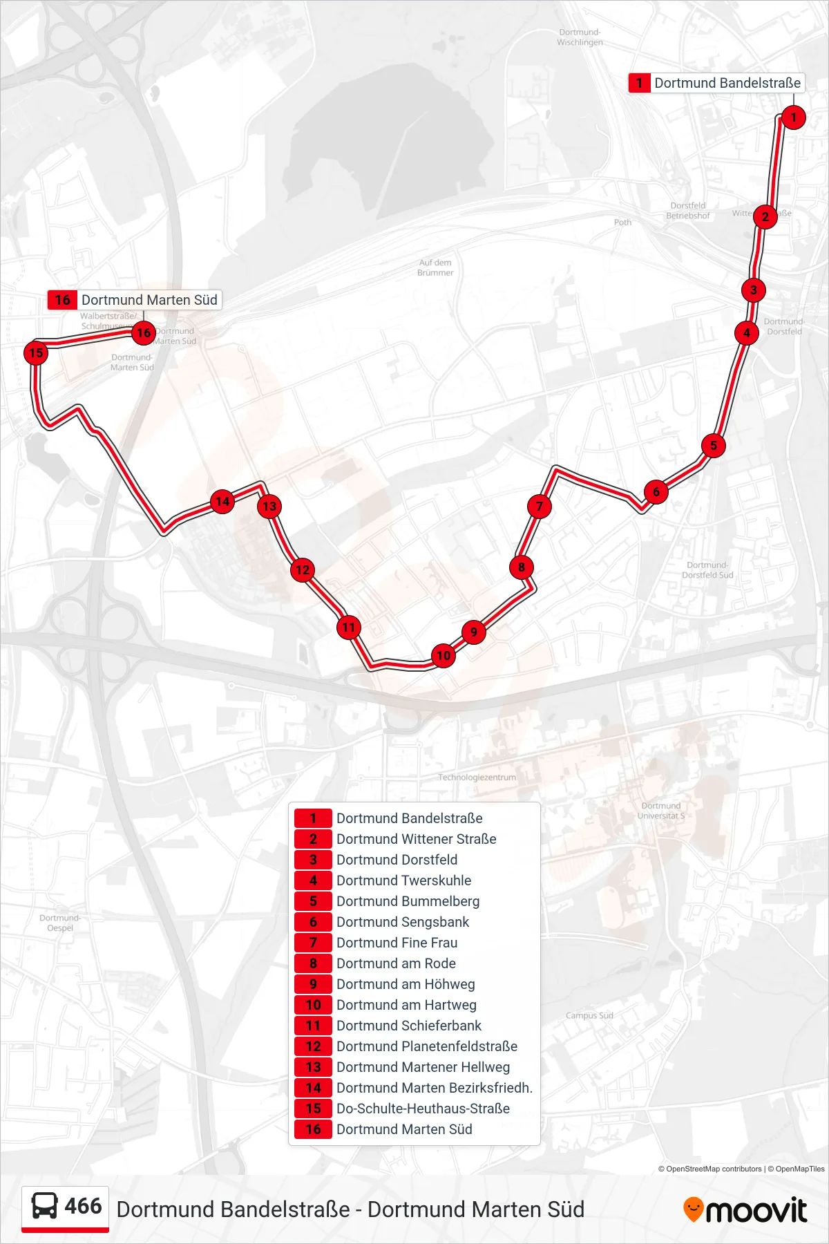 Linie 466 (Bus) Richtung Dortmund Marten Süd: Route und Haltestellen auf der Karte
