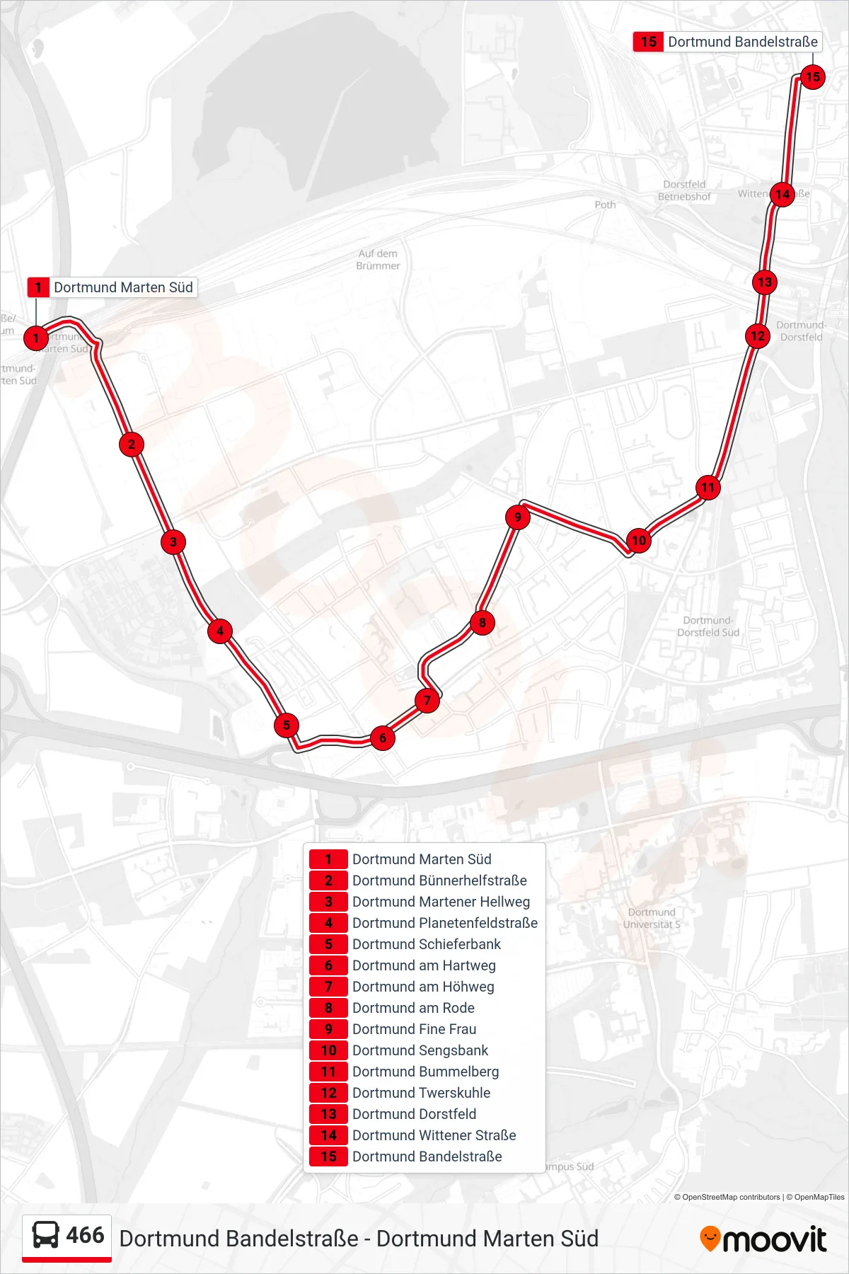 Linie 466 (Bus) Richtung Dortmund Bandelstraße: Route und Haltestellen auf der Karte