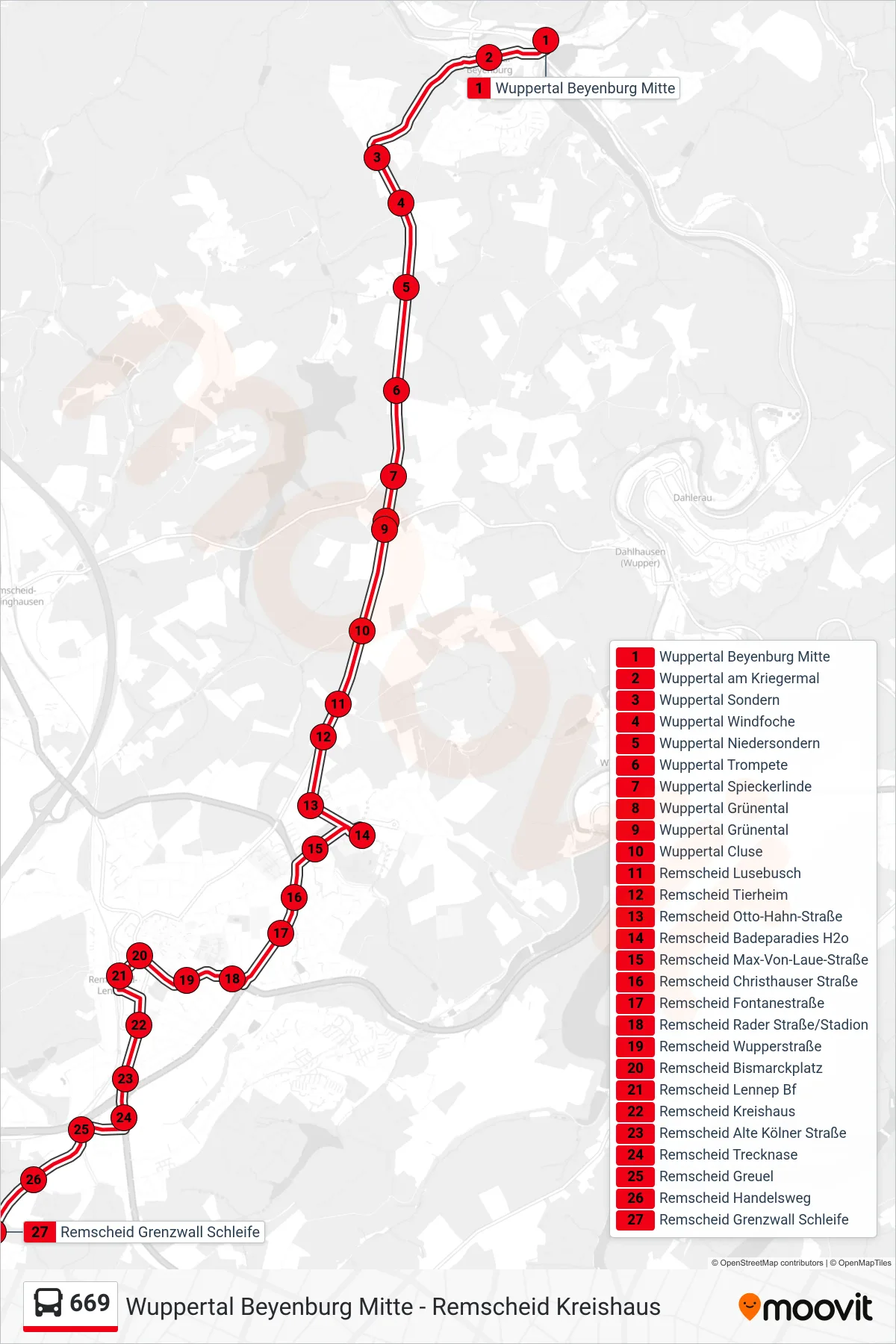 669 bus Line (Remscheid Grenzwall Schleife) route and stops on a map