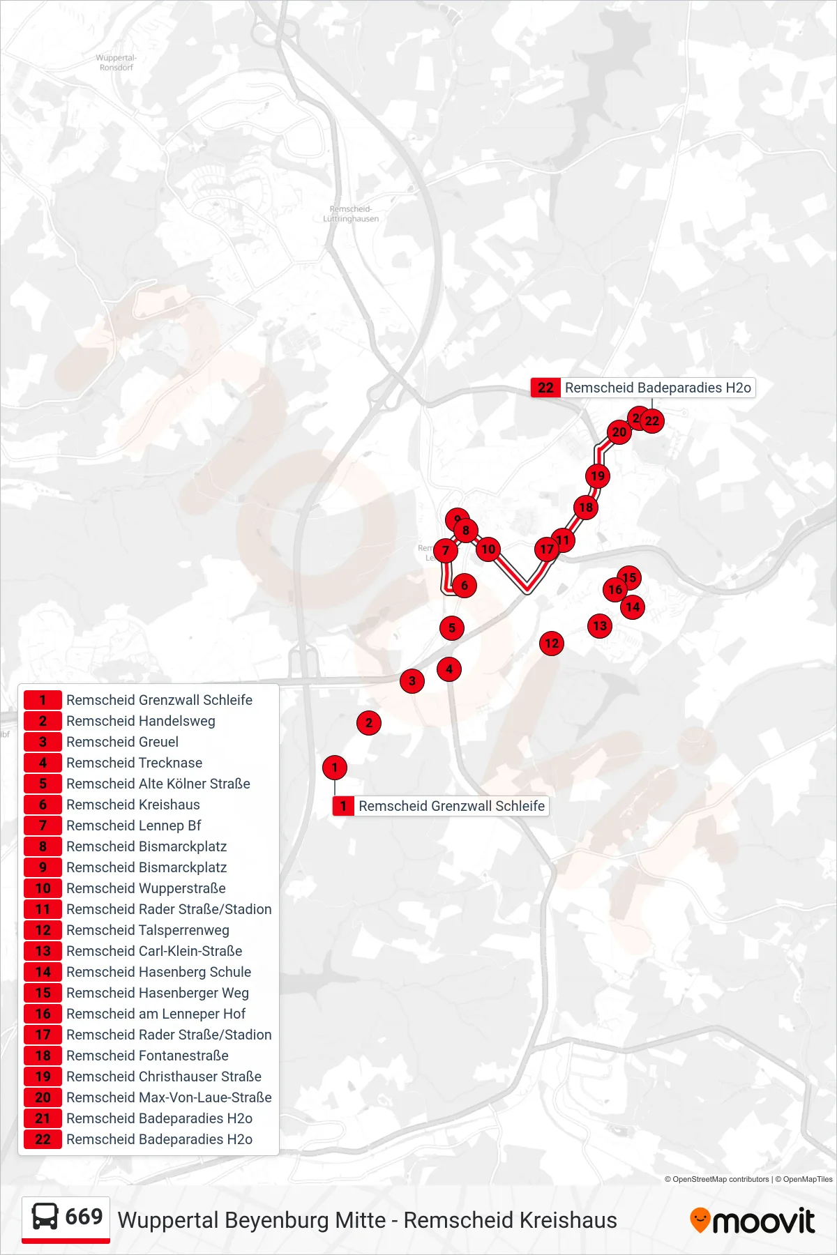 Linie 669 (Bus) Richtung Remscheid Badeparadies H2o: Route und Haltestellen auf der Karte
