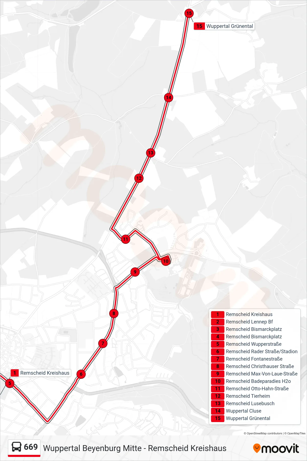 669 bus Line (Wuppertal Grünental) route and stops on a map