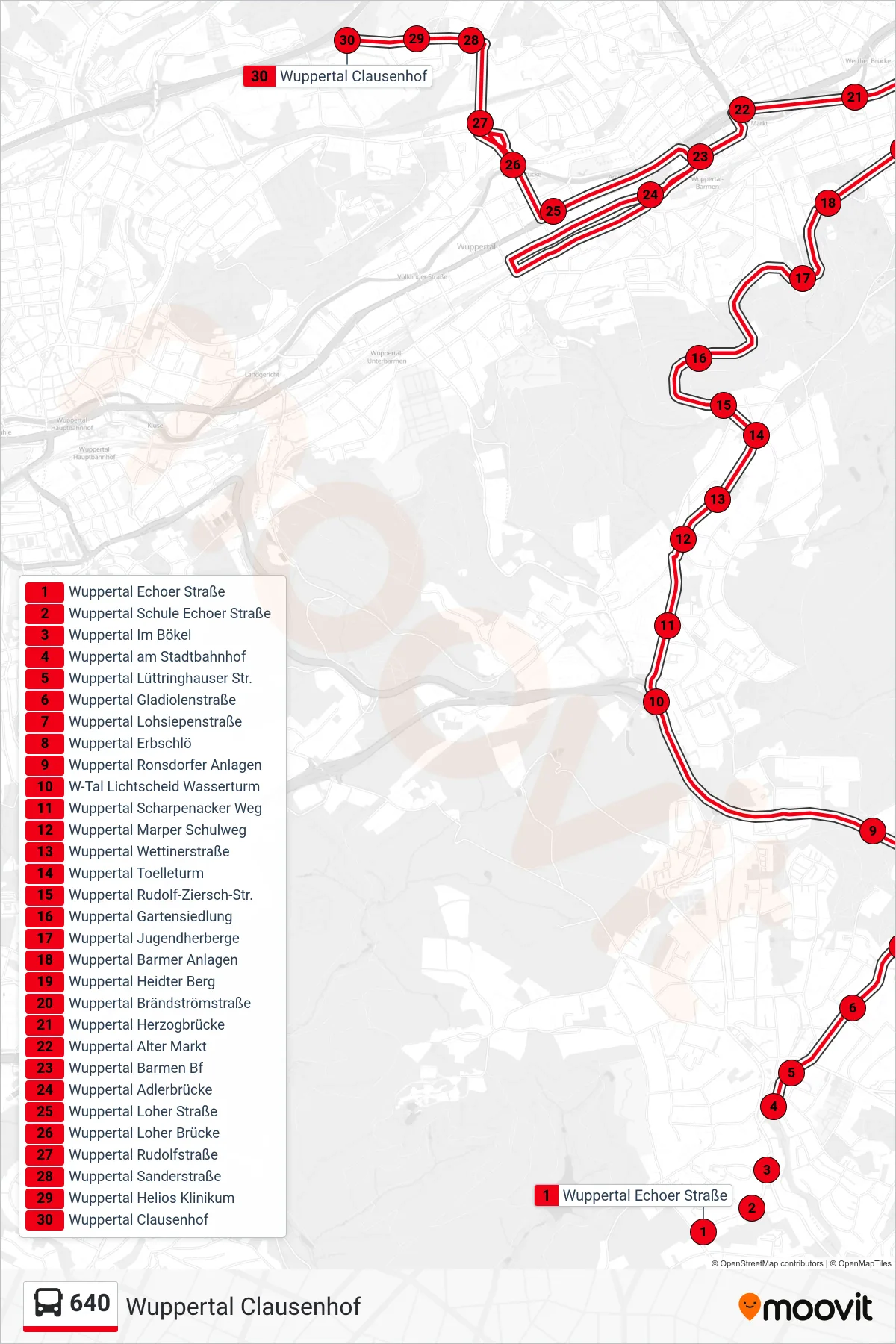 Linie 640 (Bus) Richtung Wuppertal Clausenhof: Route und Haltestellen auf der Karte