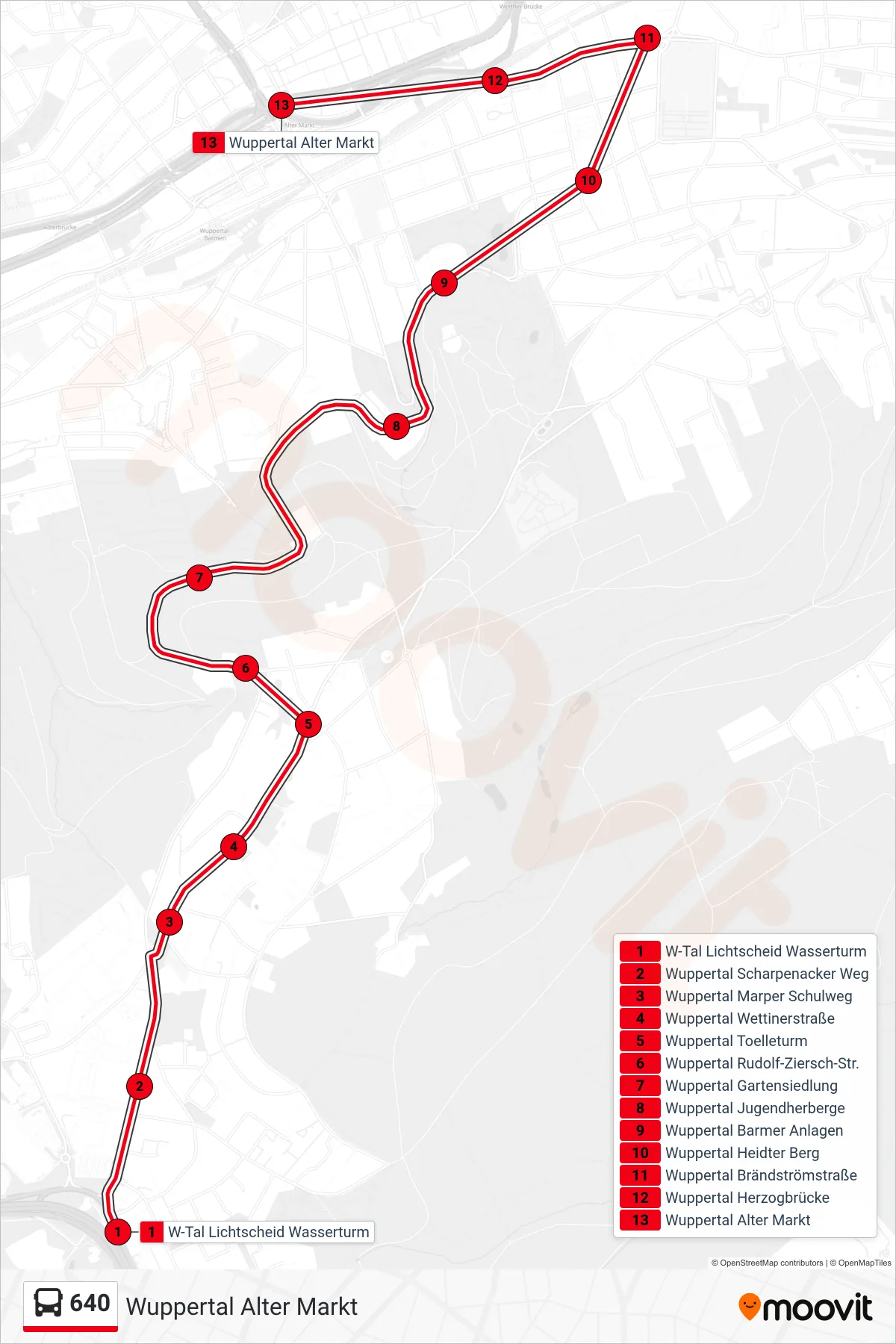 640 bus Line (Wuppertal Alter Markt) route and stops on a map