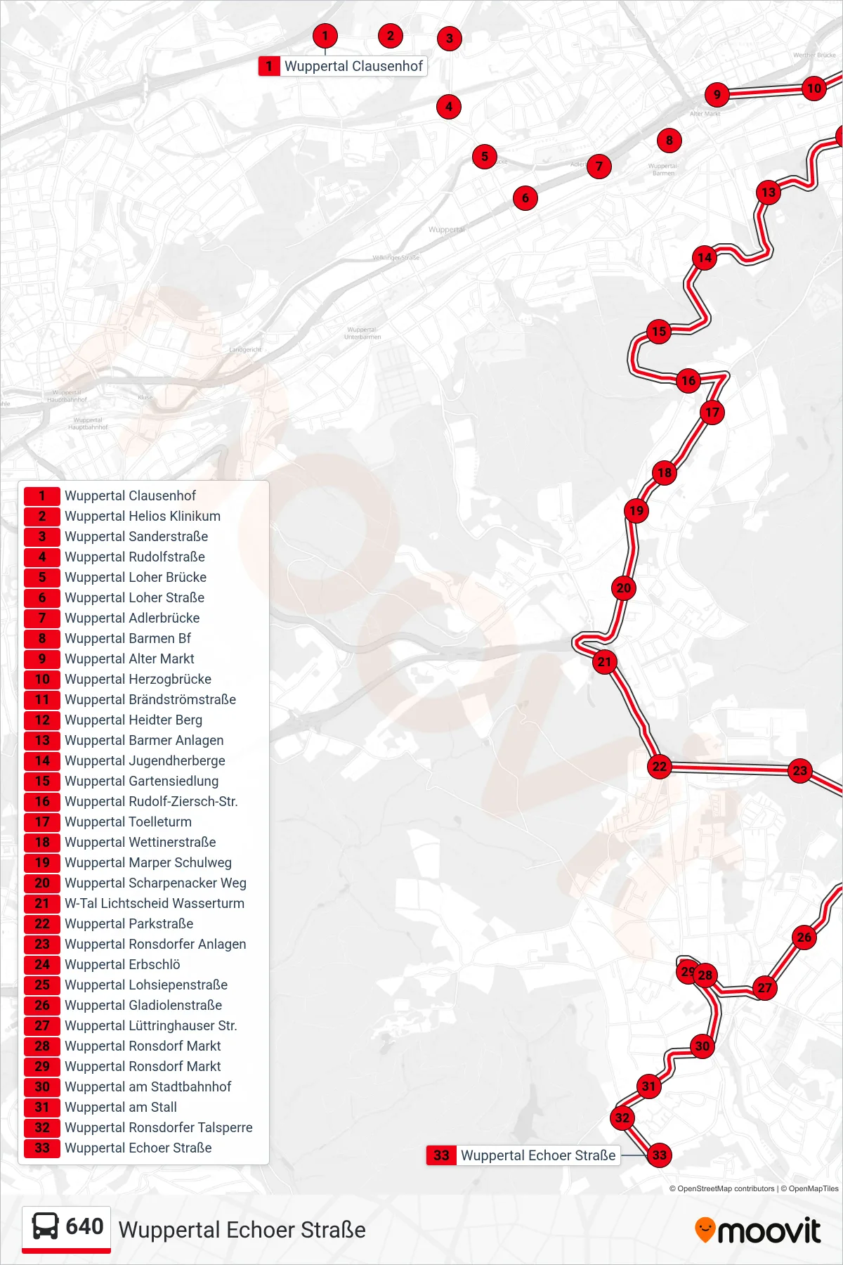 Linie 640 (Bus) Richtung Wuppertal Echoer Straße: Route und Haltestellen auf der Karte