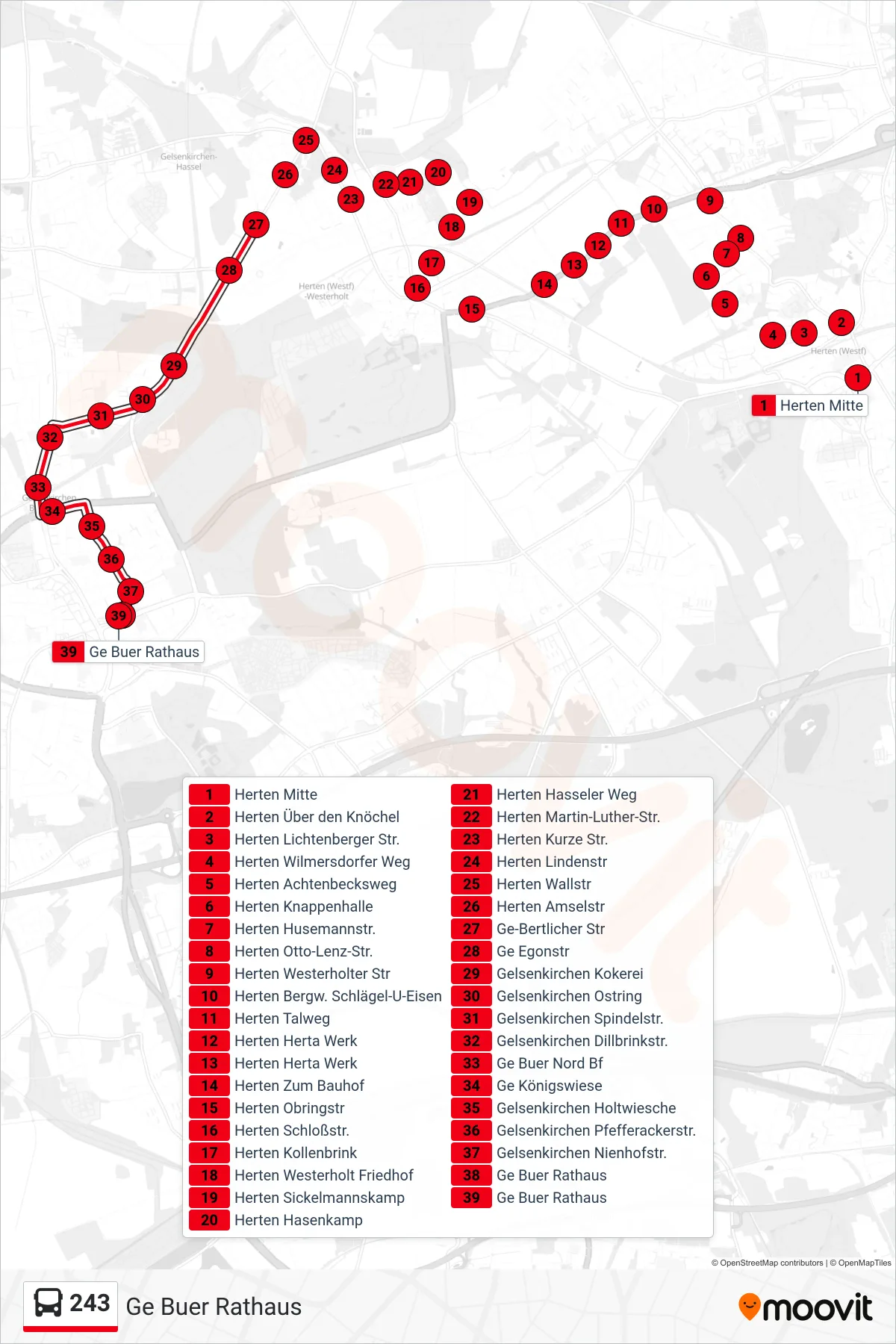 243 bus Line (Ge Buer Rathaus) route and stops on a map