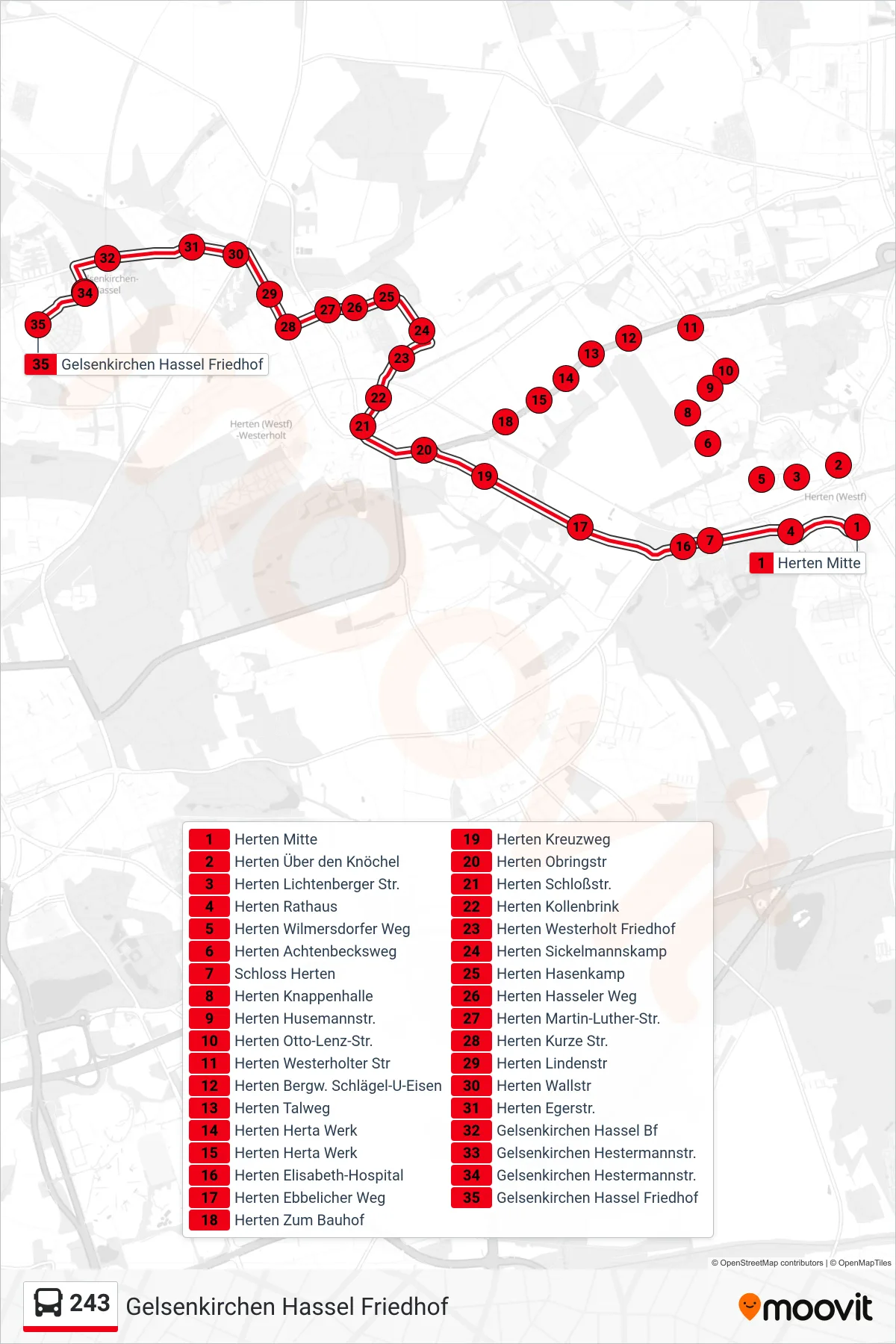Linie 243 (Bus) Richtung Gelsenkirchen Hassel Friedhof: Route und Haltestellen auf der Karte