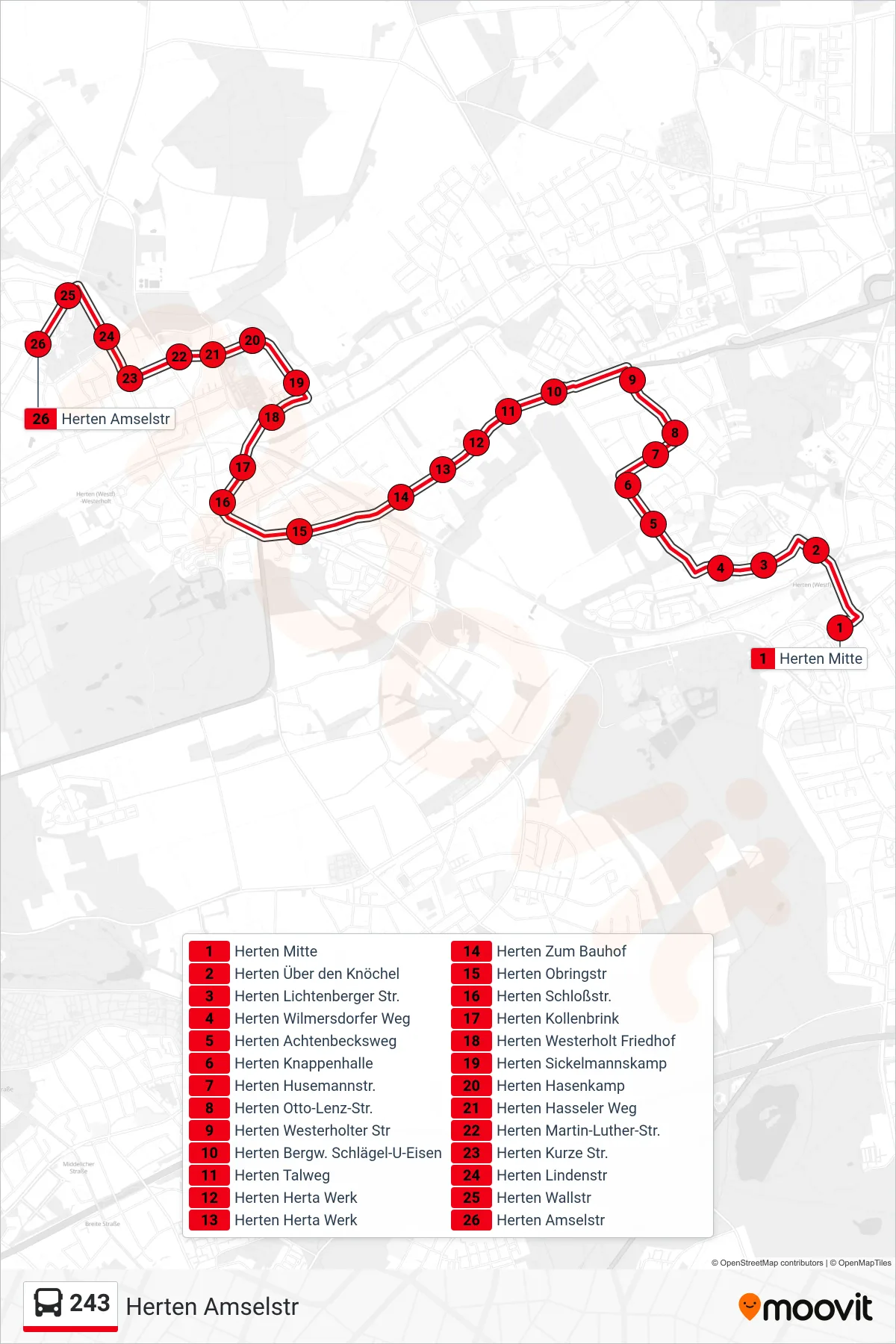 Linie 243 (Bus) Richtung Herten Amselstr: Route und Haltestellen auf der Karte