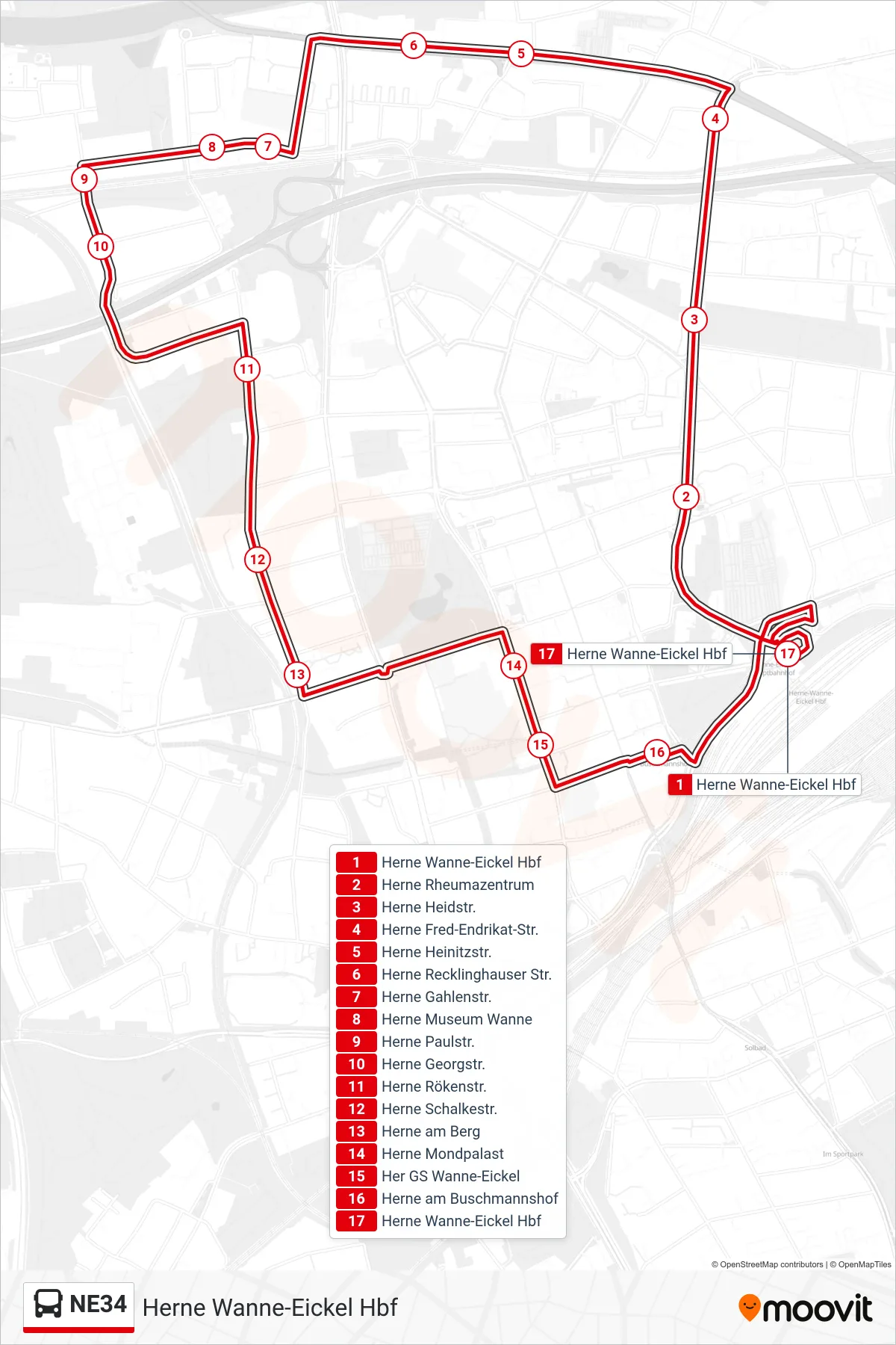 Linie NE34 (Bus) Richtung Herne Wanne-Eickel Hbf: Route und Haltestellen auf der Karte