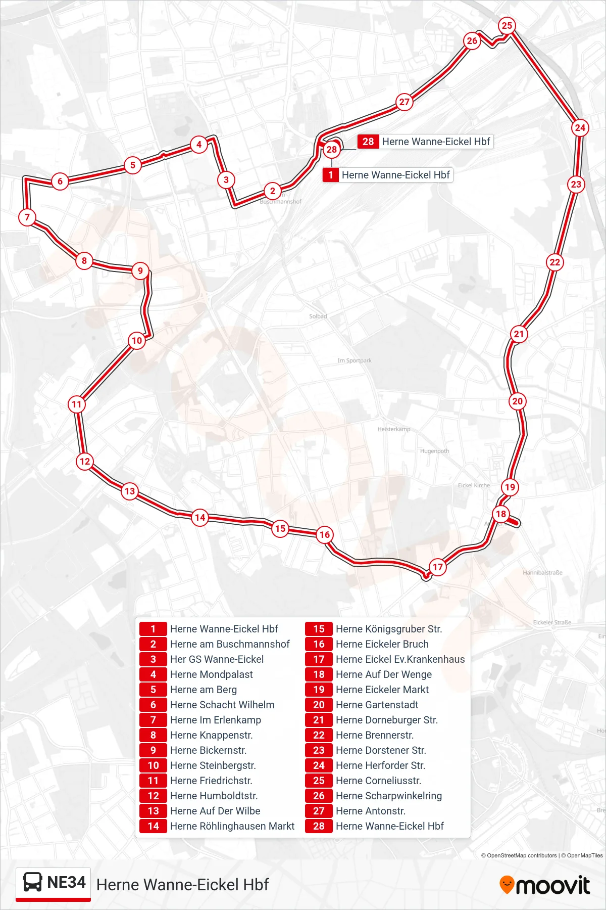 NE34 bus Line (Herne Wanne-Eickel Hbf) route and stops on a map