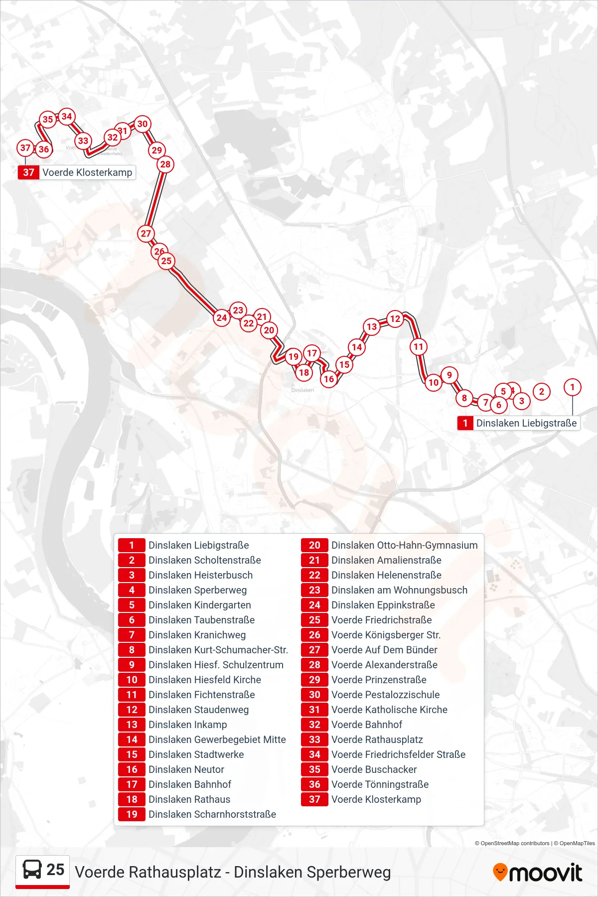 25 bus Line (Voerde Klosterkamp) route and stops on a map