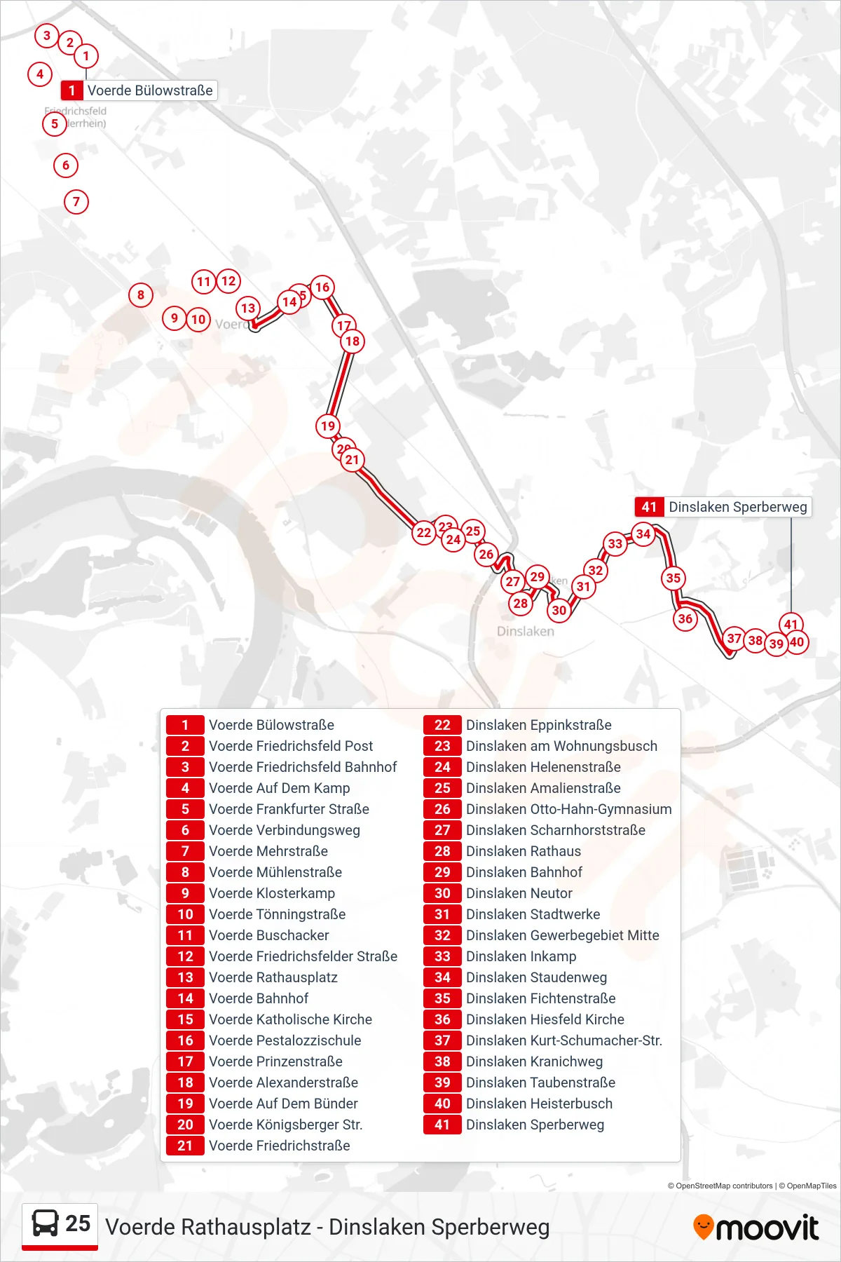 25 bus Line (Dinslaken Sperberweg) route and stops on a map