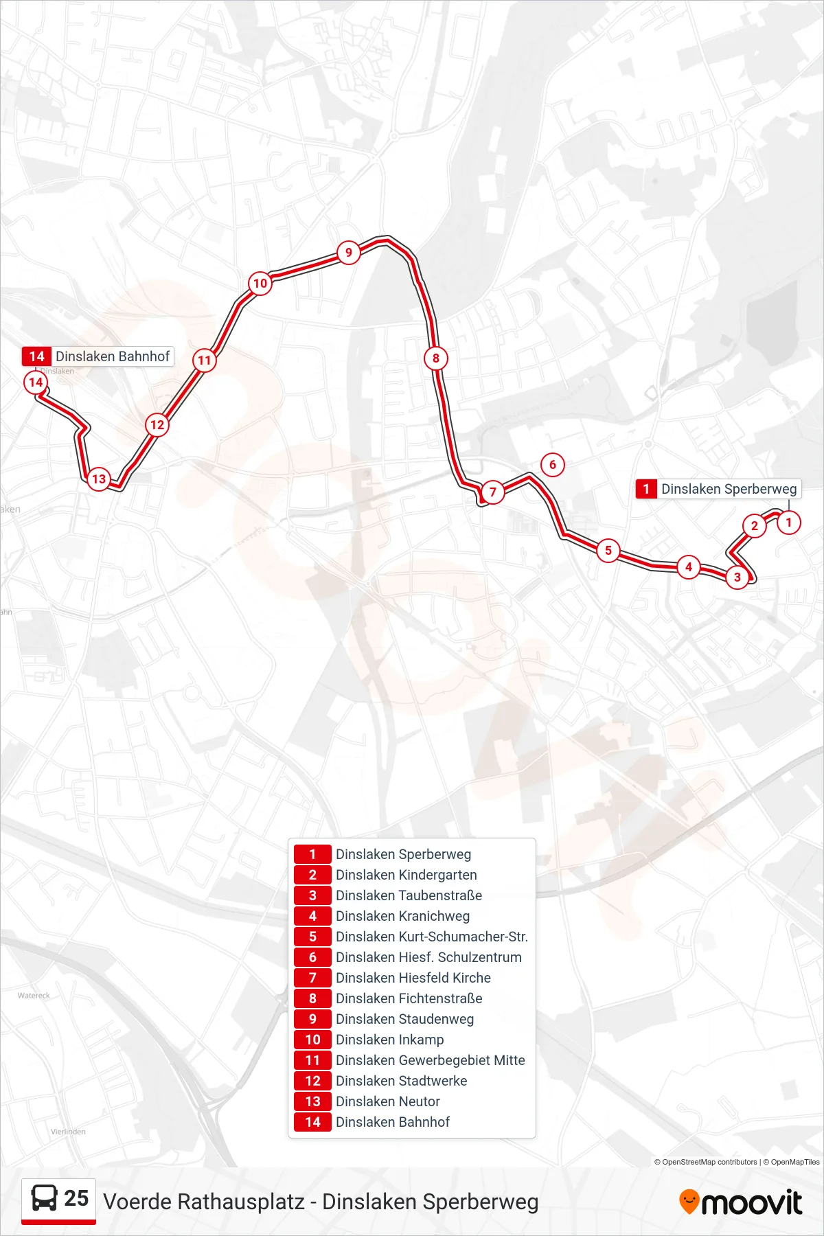 25 bus Line (Dinslaken Bahnhof) route and stops on a map