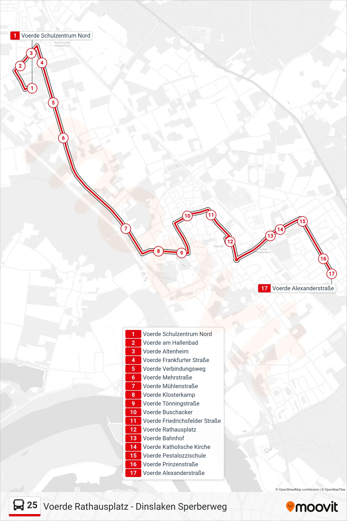 25 bus Line (Voerde Alexanderstraße) route and stops on a map