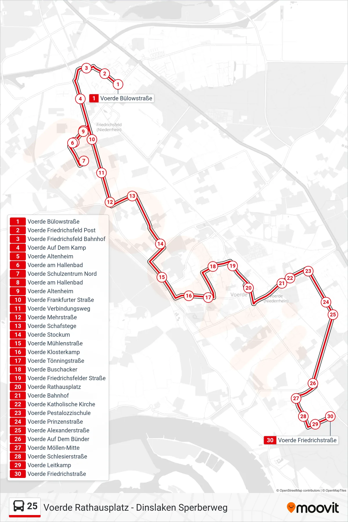 25 bus Line (Voerde Friedrichstraße) route and stops on a map