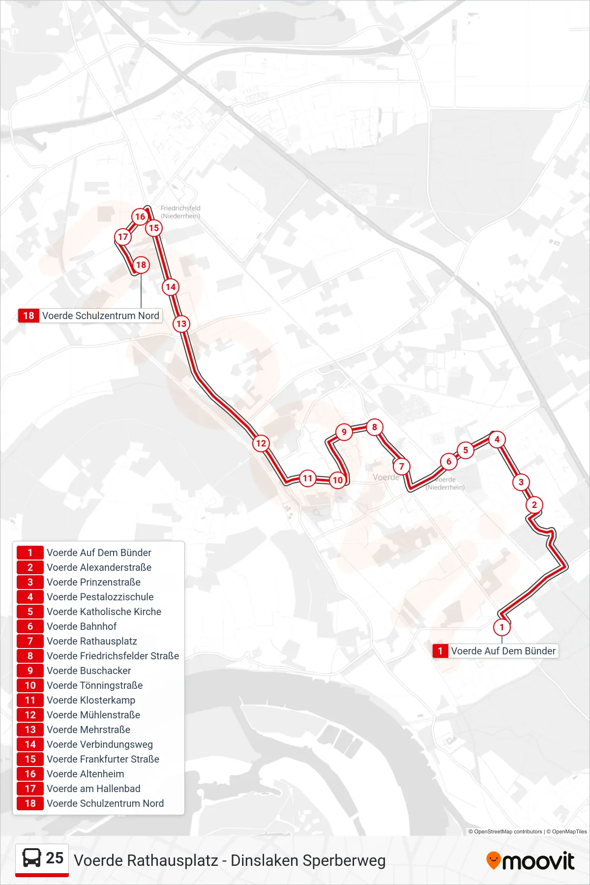 Linie 25 (Bus) Richtung Voerde Schulzentrum Nord: Route und Haltestellen auf der Karte