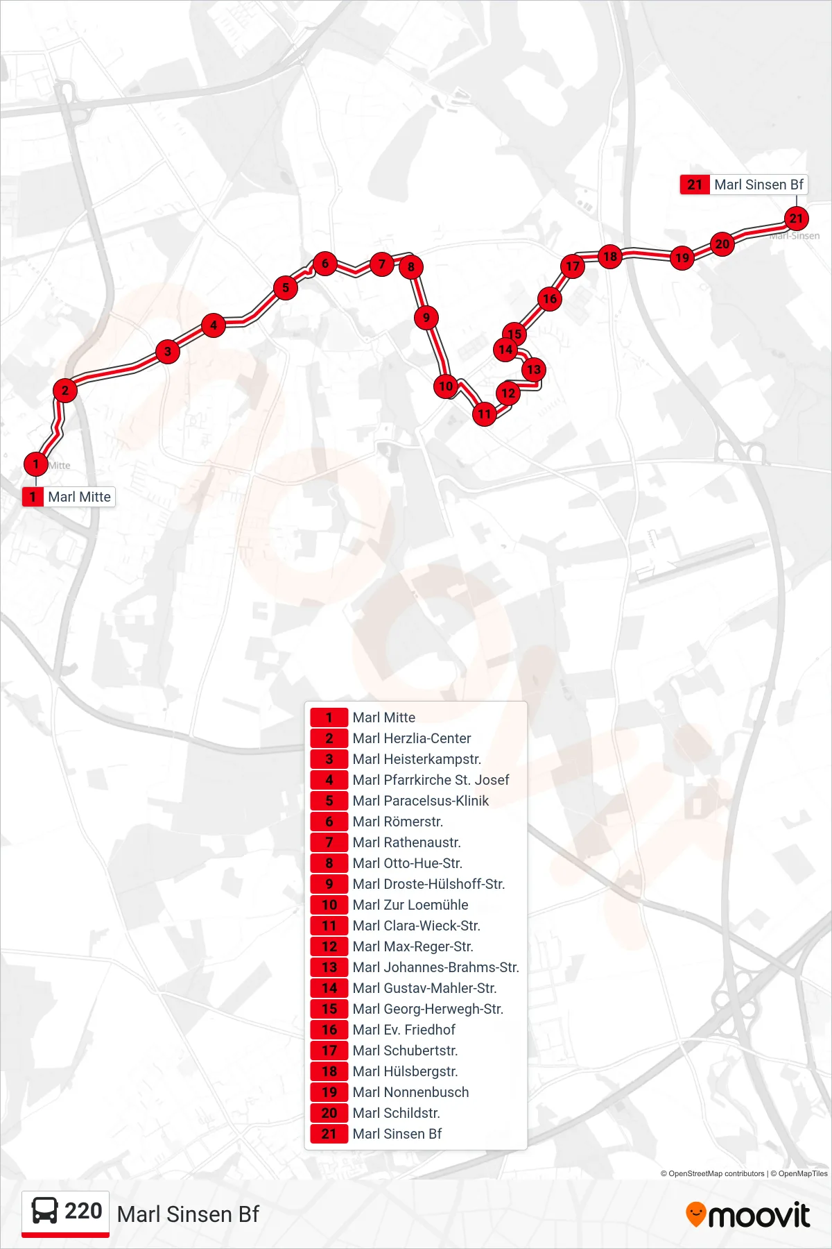 Linie 220 (Bus) Richtung Marl Sinsen Bf: Route und Haltestellen auf der Karte