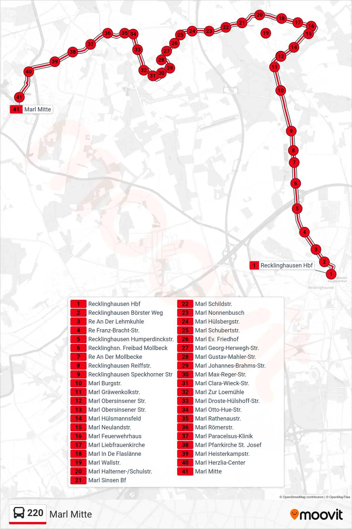 Linie 220 (Bus) Richtung Marl Mitte: Route und Haltestellen auf der Karte