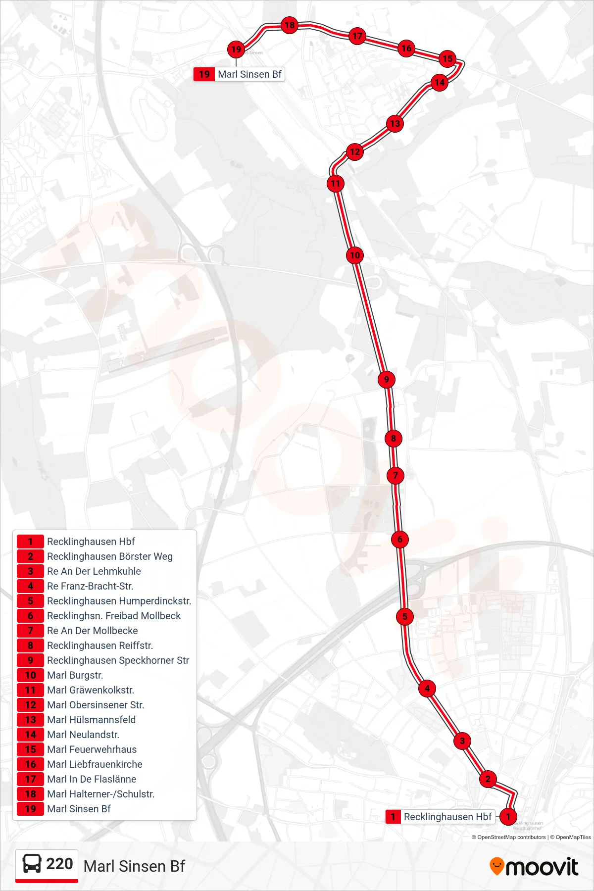 220 bus Line (Marl Sinsen Bf) route and stops on a map