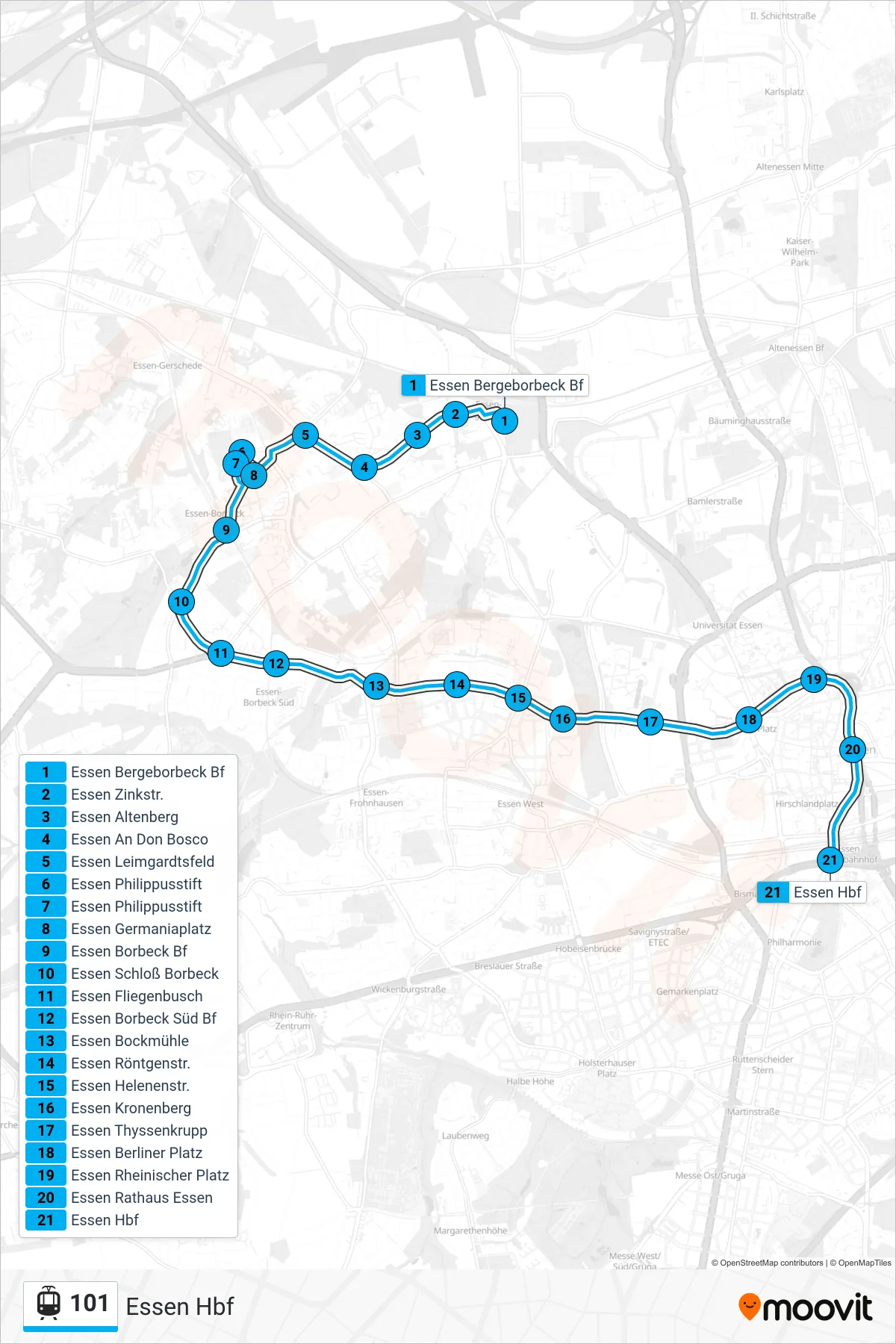 Linie 101 (Straßenbahn) Richtung Essen Hbf: Route und Haltestellen auf der Karte