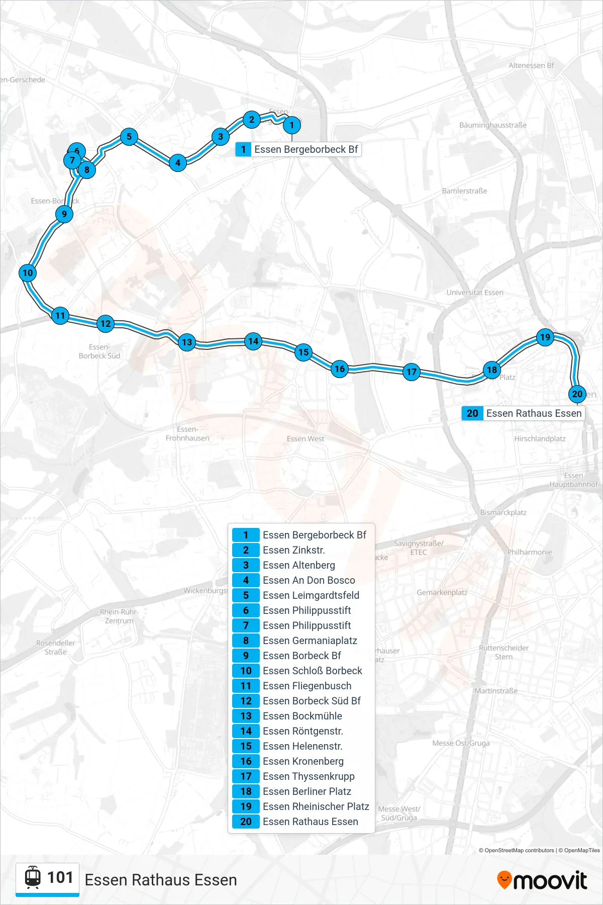 101 light rail Line (Essen Rathaus Essen) route and stops on a map