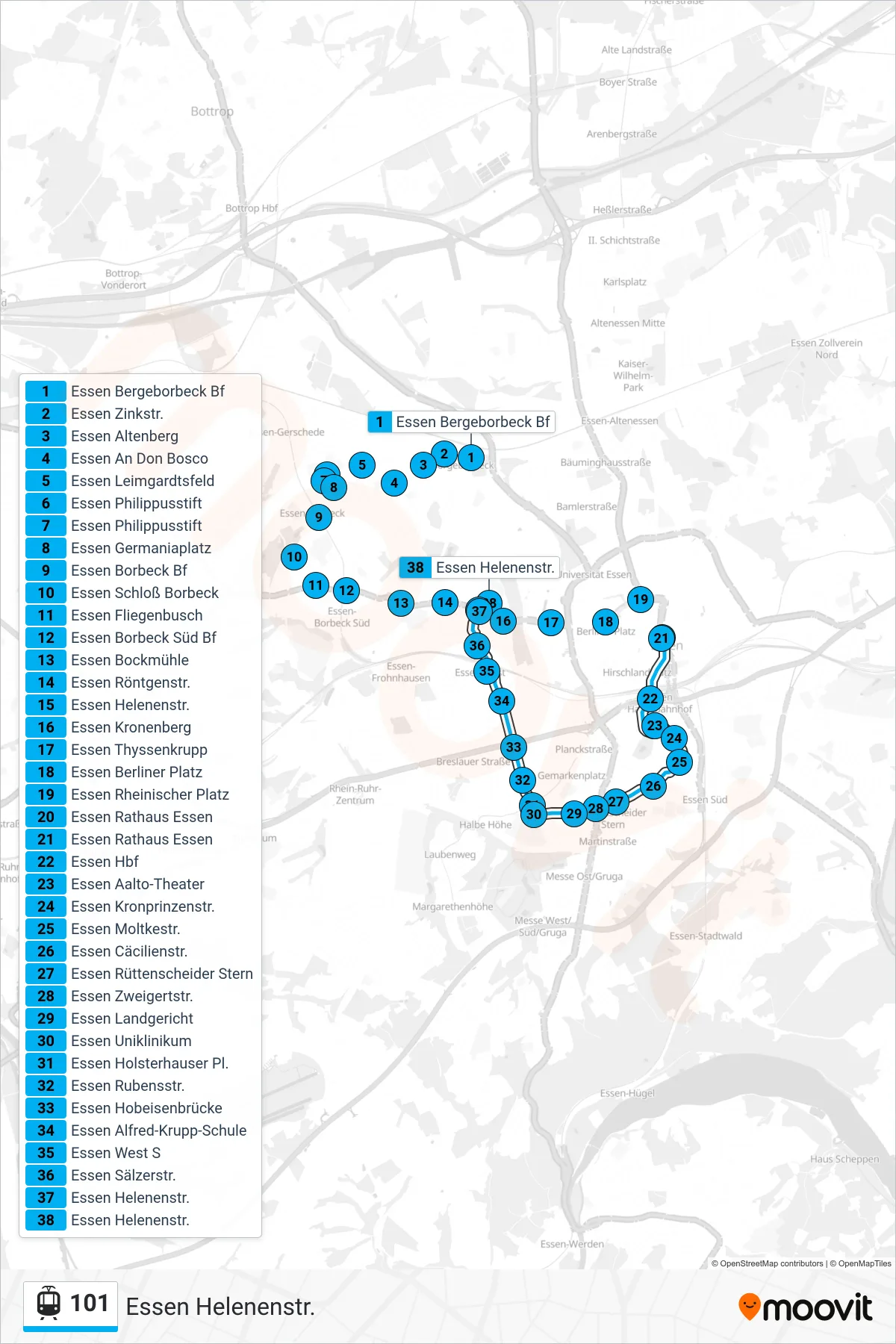 Linie 101 (Straßenbahn) Richtung Essen Helenenstr.: Route und Haltestellen auf der Karte