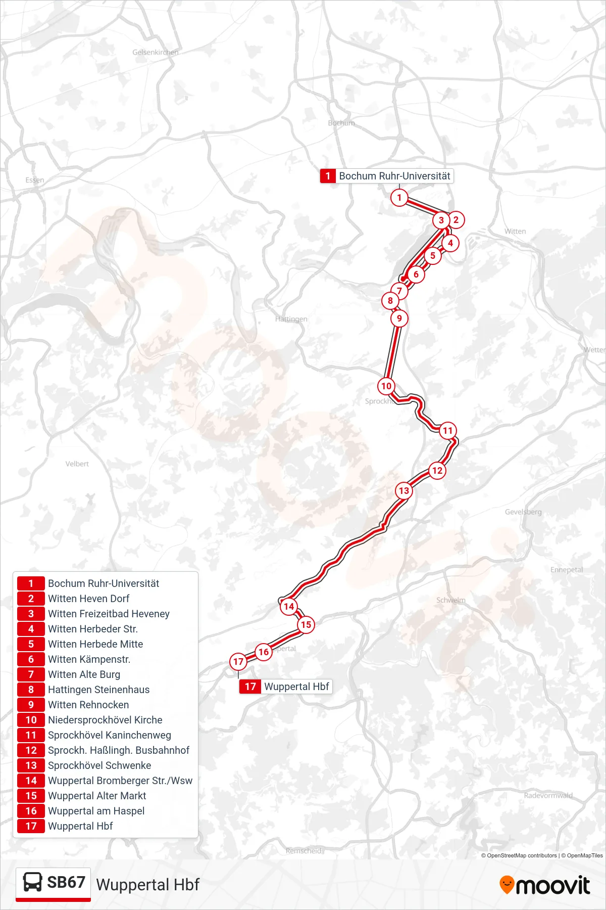SB67 bus Line (Wuppertal Hbf) route and stops on a map