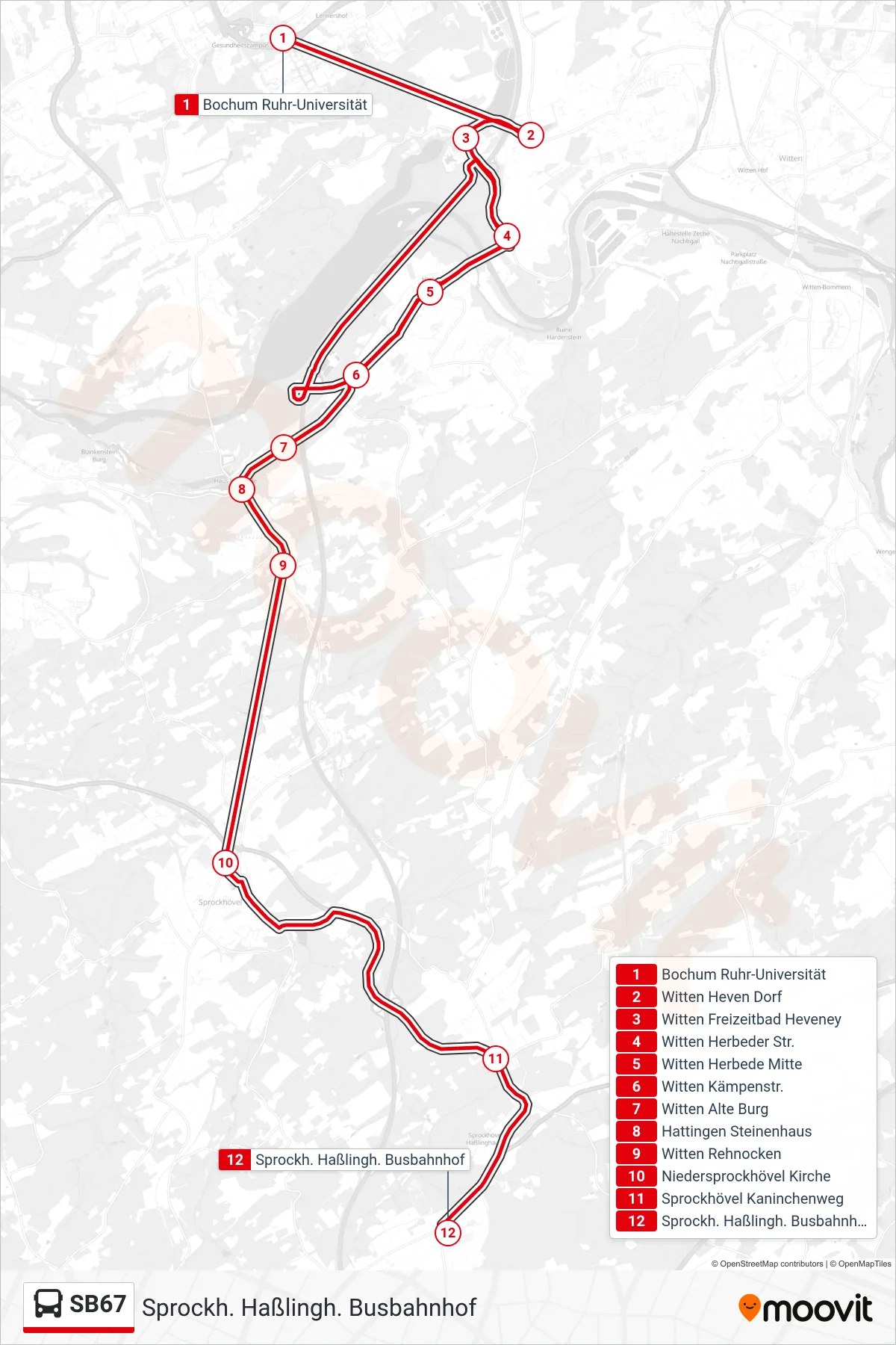 SB67 bus Line (Sprockh. Haßlingh. Busbahnhof) route and stops on a map