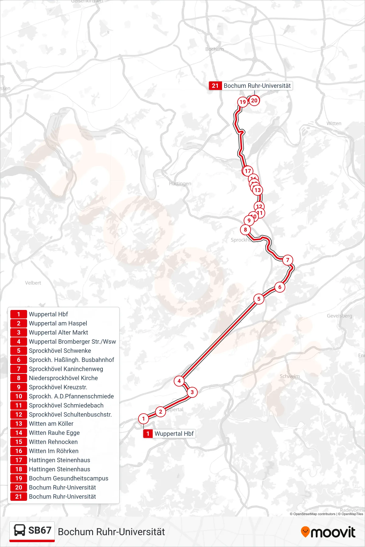 SB67 bus Line (Bochum Ruhr-Universität) route and stops on a map