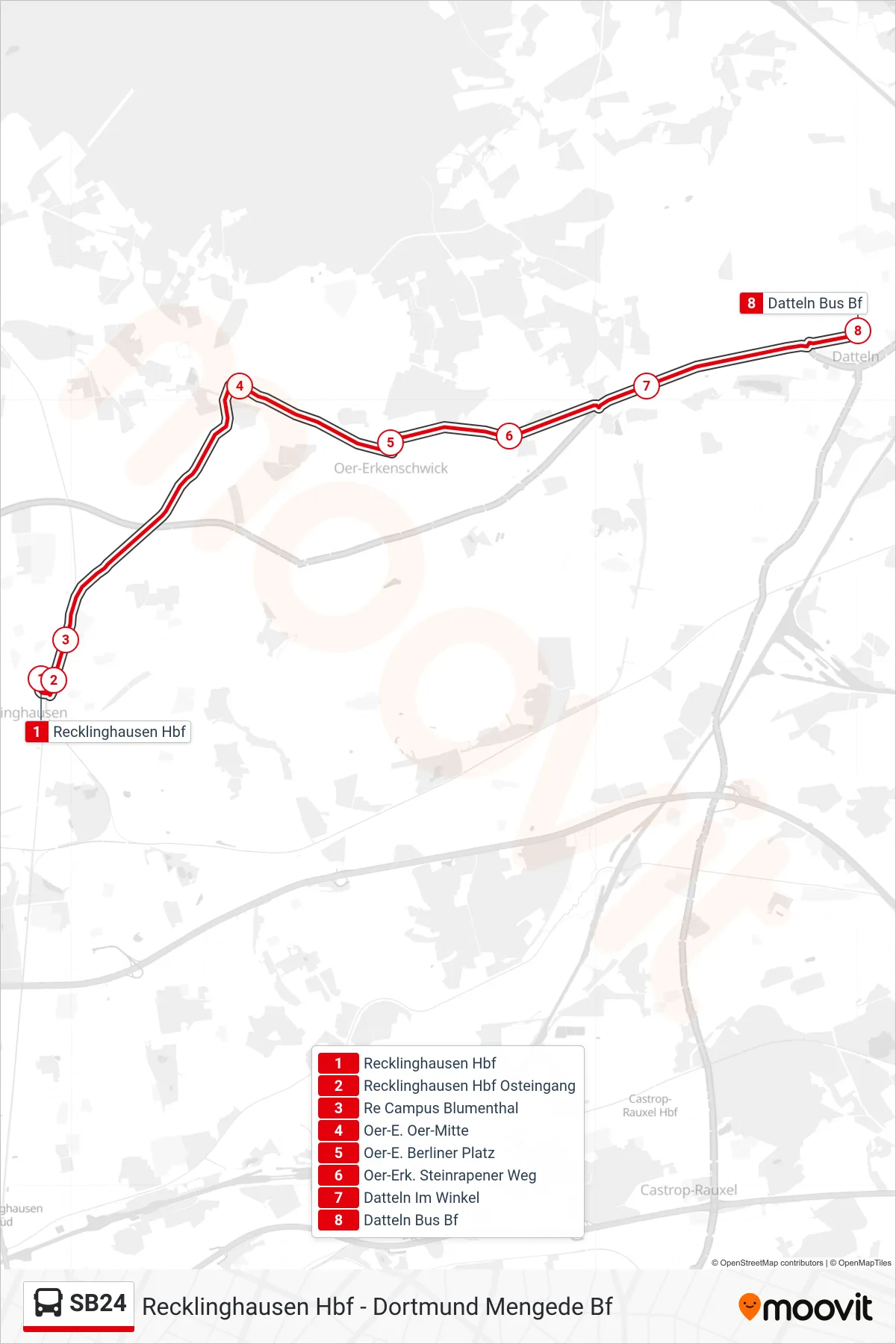 SB24 bus Line (Datteln Bus Bf) route and stops on a map