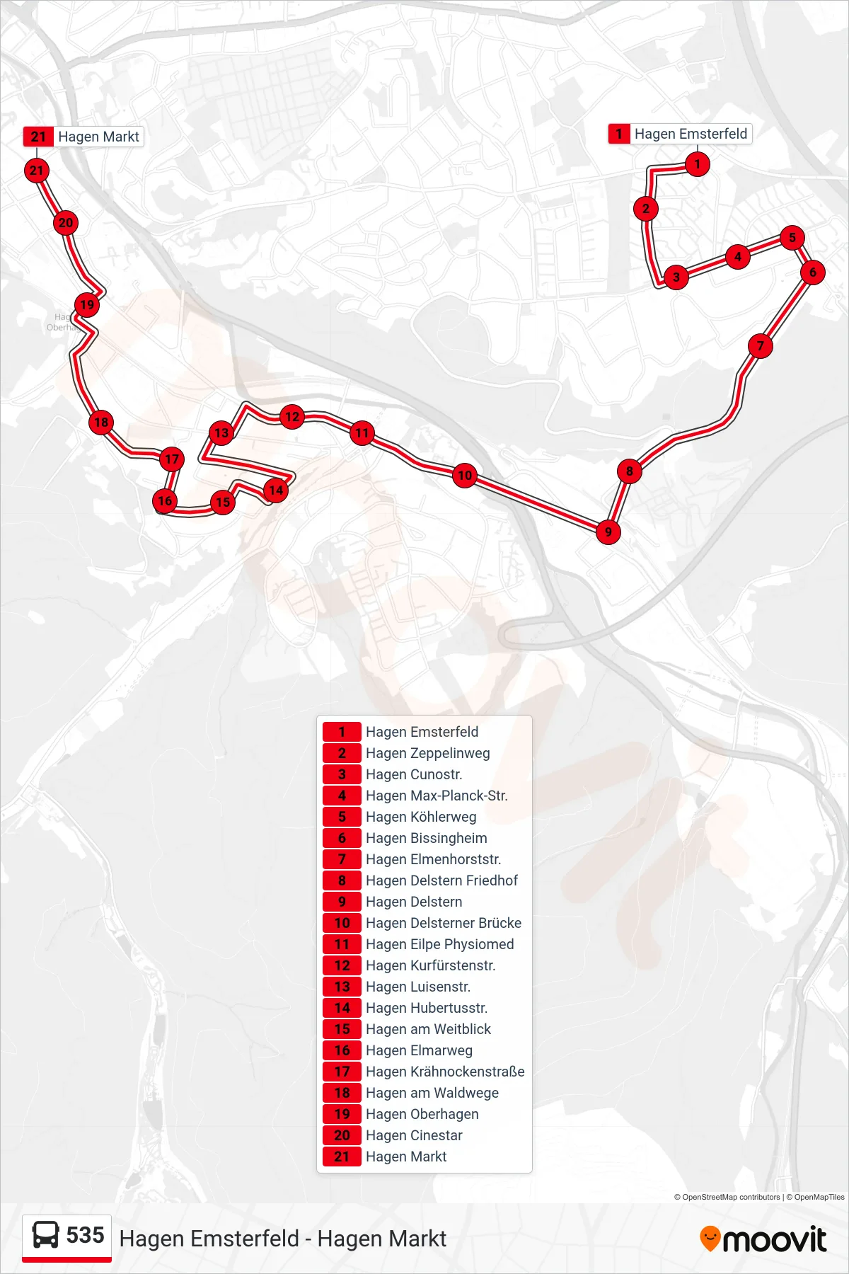 Linie 535 (Bus) Richtung Hagen Markt: Route und Haltestellen auf der Karte