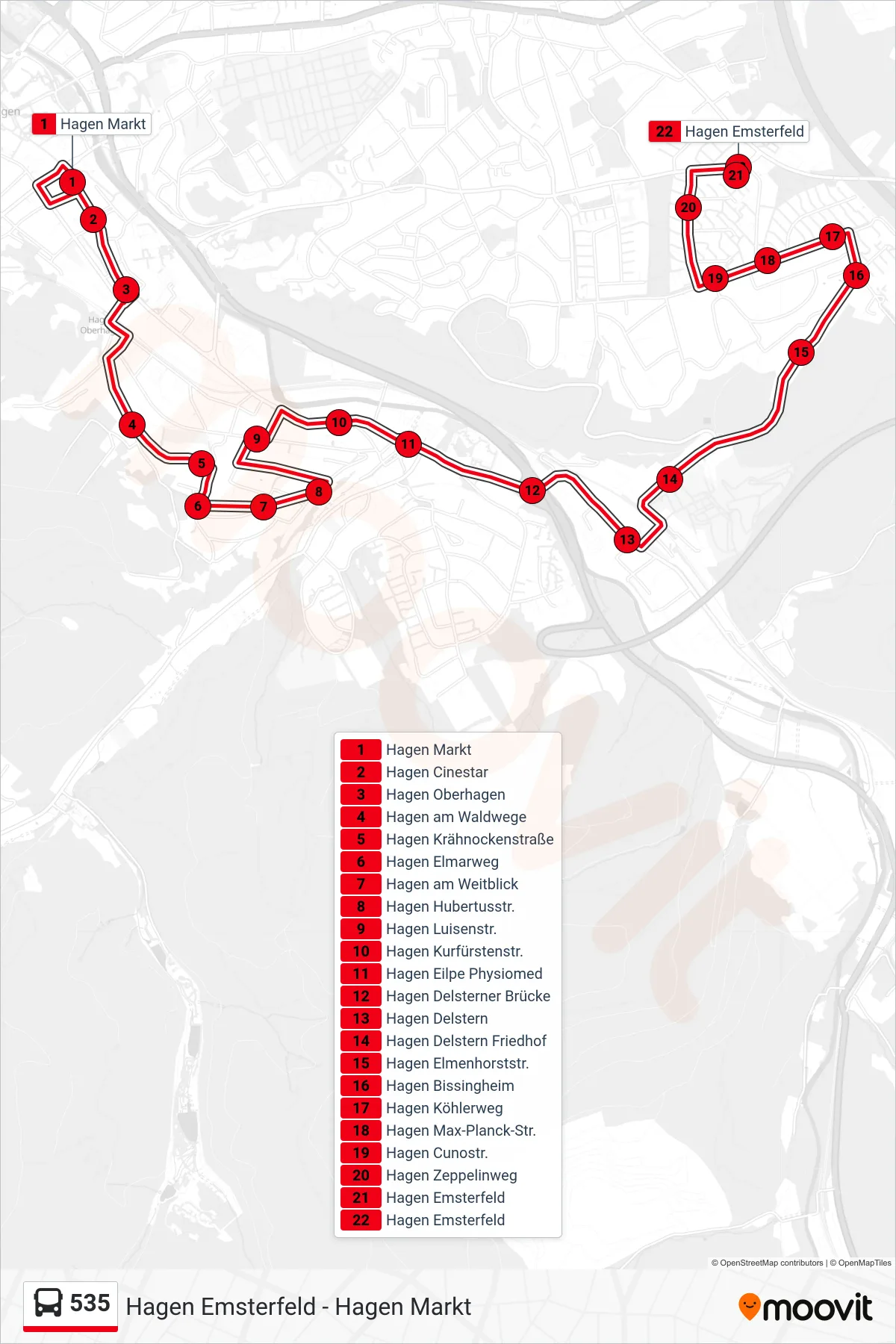 Linie 535 (Bus) Richtung Hagen Emsterfeld: Route und Haltestellen auf der Karte