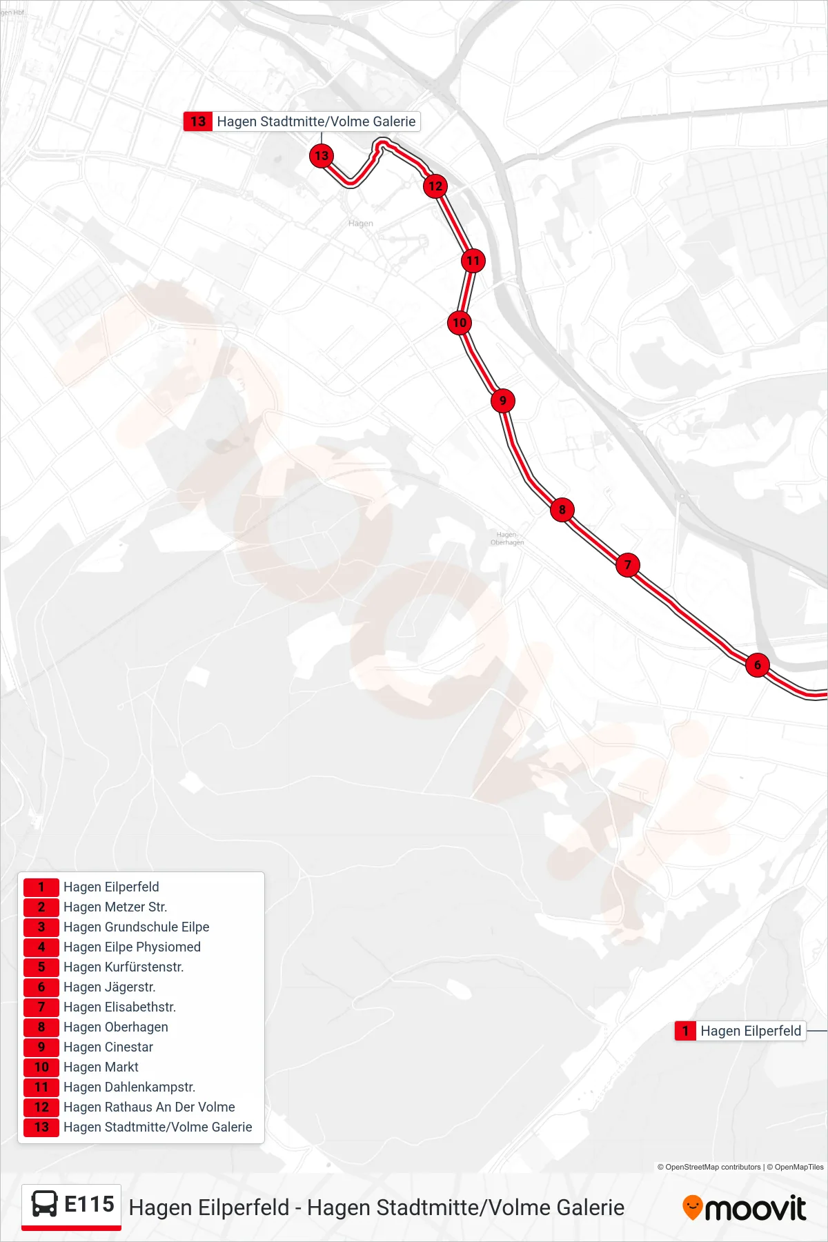 Linie E115 (Bus) Richtung Hagen Stadtmitte/Volme Galerie: Route und Haltestellen auf der Karte
