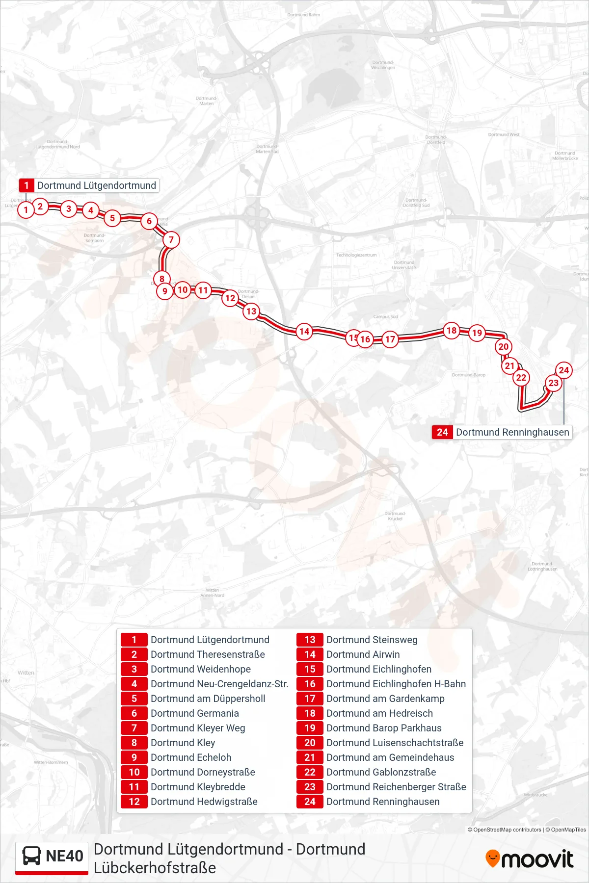 NE40 bus Line (Dortmund Renninghausen) route and stops on a map