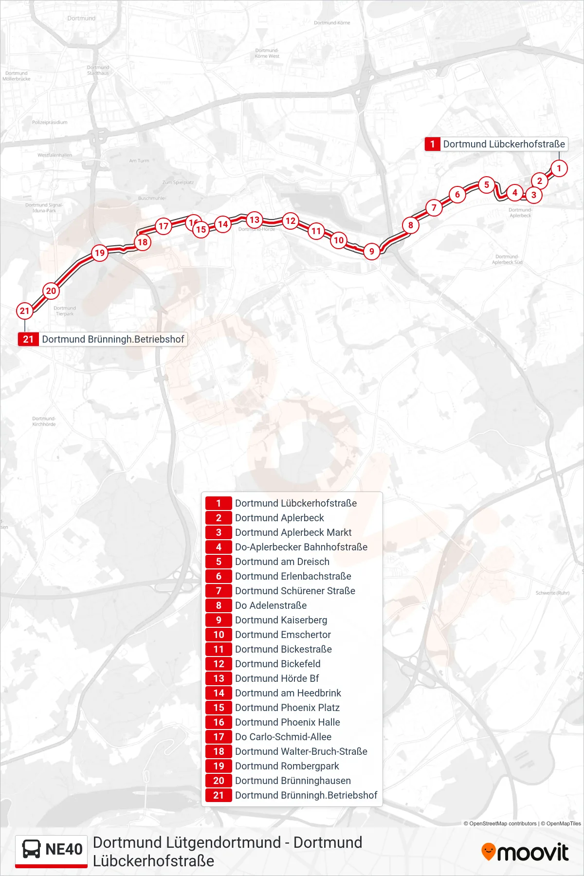 NE40 bus Line (Dortmund Brünningh.Betriebshof) route and stops on a map