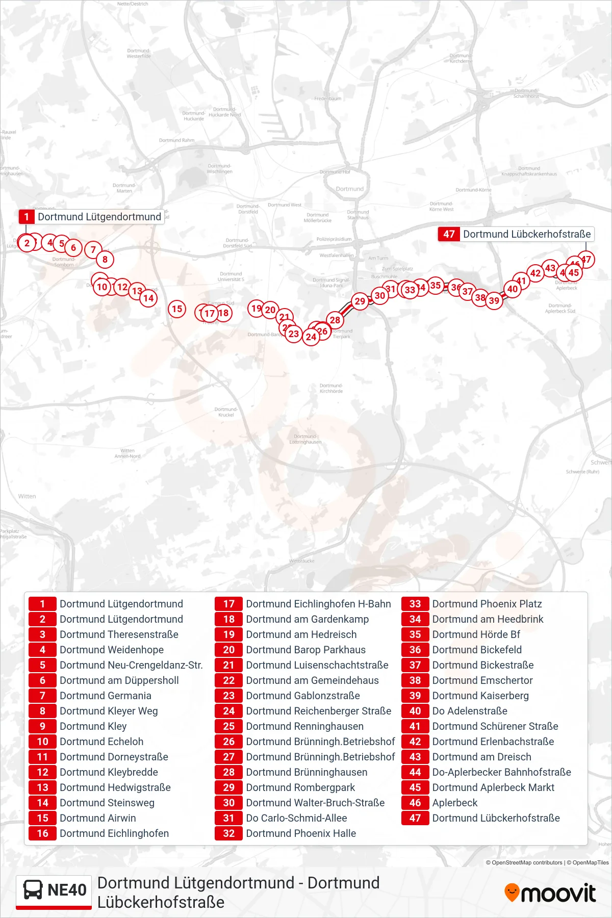 Linie NE40 (Bus) Richtung Dortmund Lübckerhofstraße: Route und Haltestellen auf der Karte