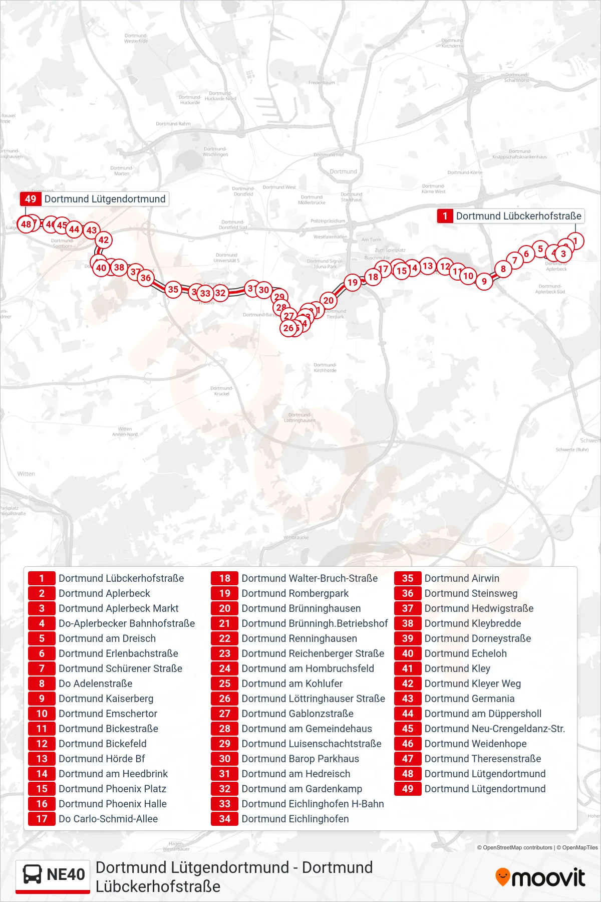 NE40 bus Line (Dortmund Lütgendortmund) route and stops on a map