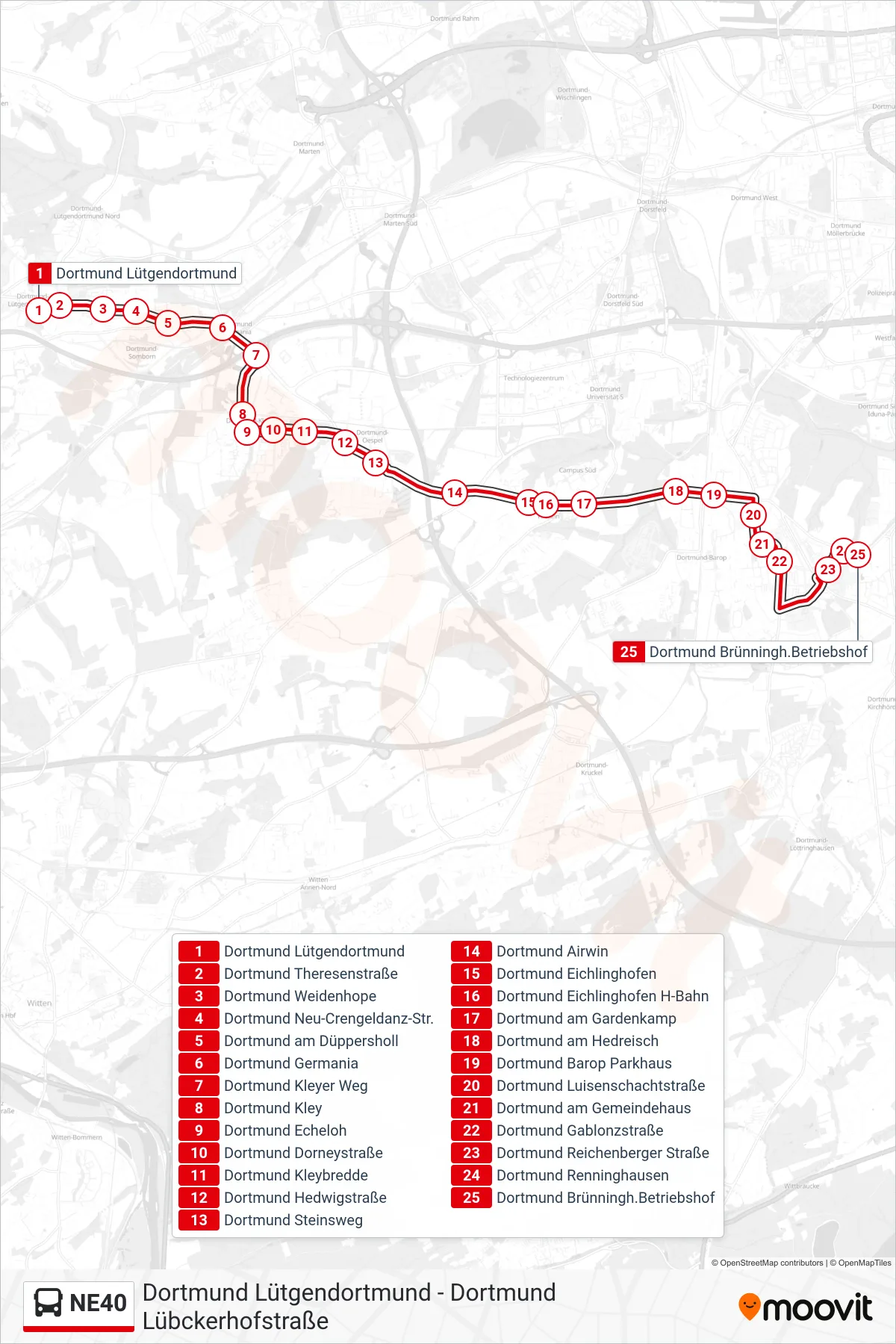 NE40 bus Line (Dortmund Brünningh.Betriebshof) route and stops on a map