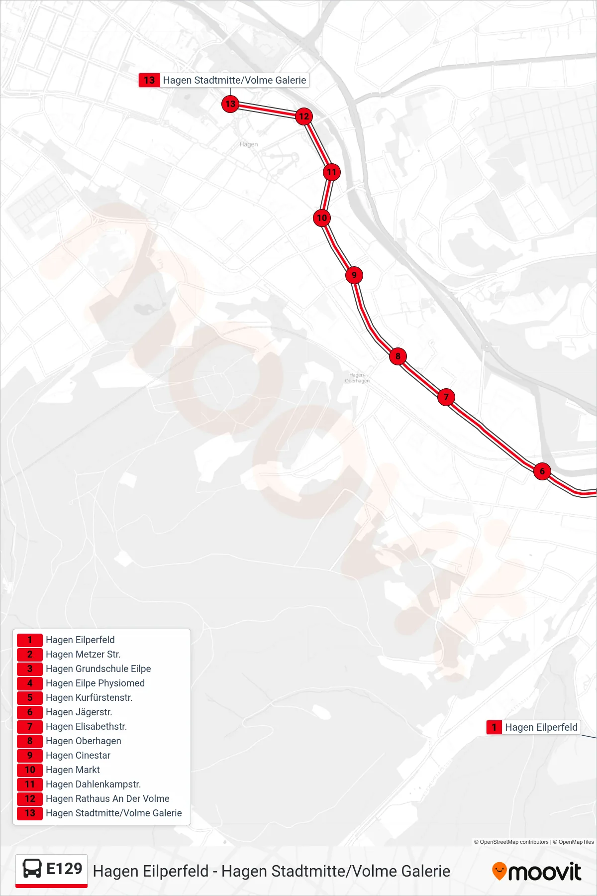 Linie E129 (Bus) Richtung Hagen Stadtmitte/Volme Galerie: Route und Haltestellen auf der Karte