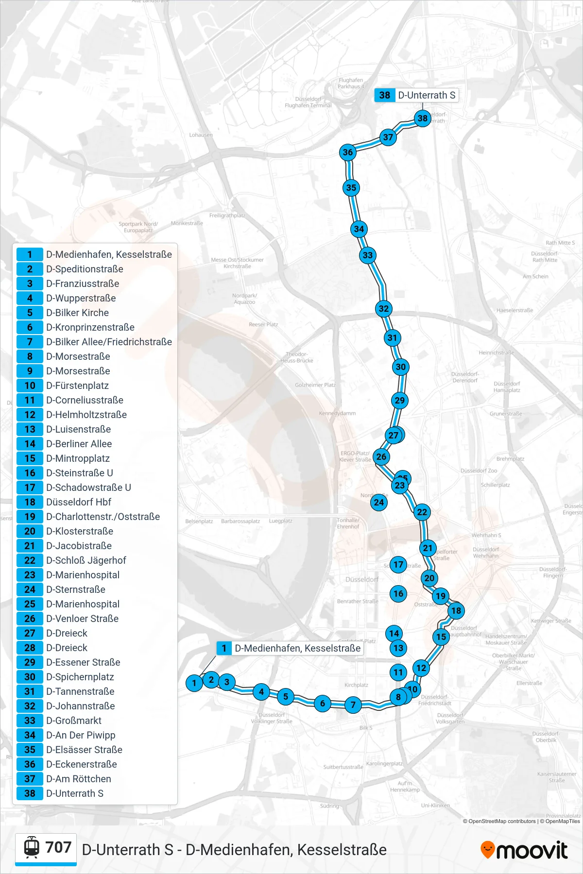 707 tram Line (D-Unterrath S) route and stops on a map