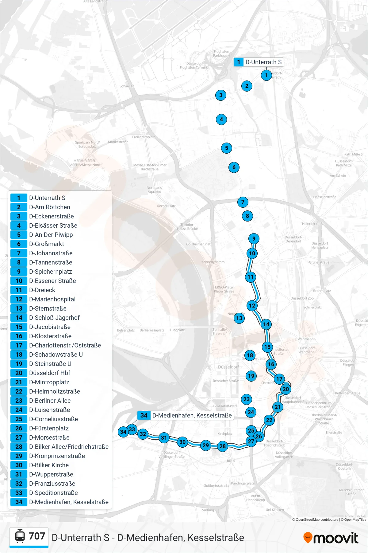 Linie 707 (Straßenbahn) Richtung D-Medienhafen, Kesselstraße: Route und Haltestellen auf der Karte