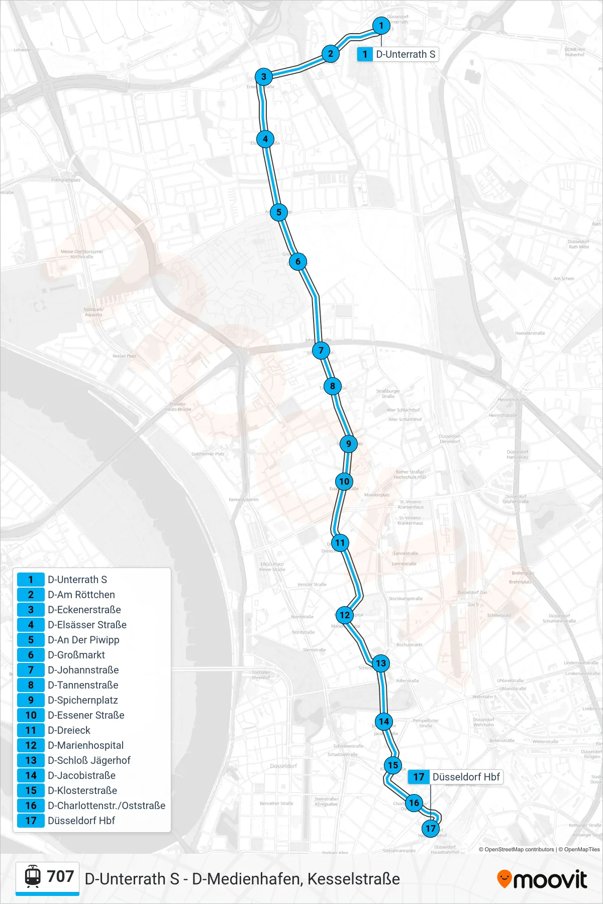 Linie 707 (Straßenbahn) Richtung Düsseldorf Hbf: Route und Haltestellen auf der Karte
