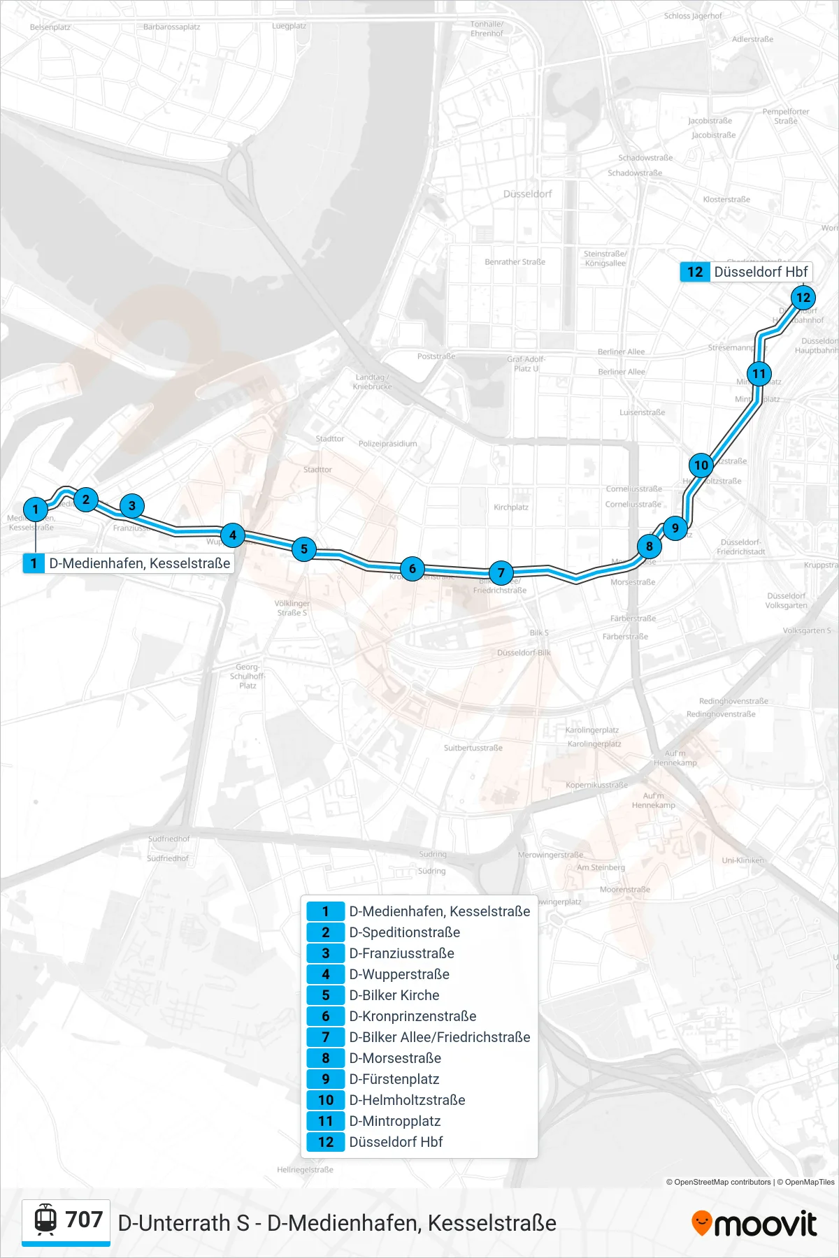Linie 707 (Straßenbahn) Richtung Düsseldorf Hbf: Route und Haltestellen auf der Karte
