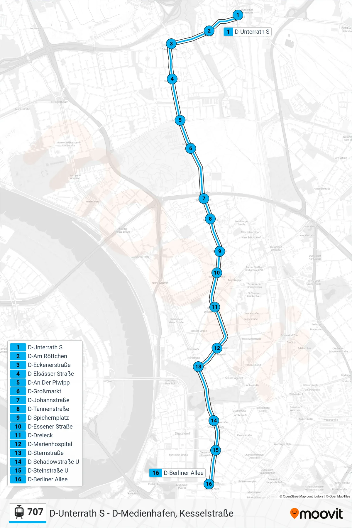 Linie 707 (Straßenbahn) Richtung D-Berliner Allee: Route und Haltestellen auf der Karte